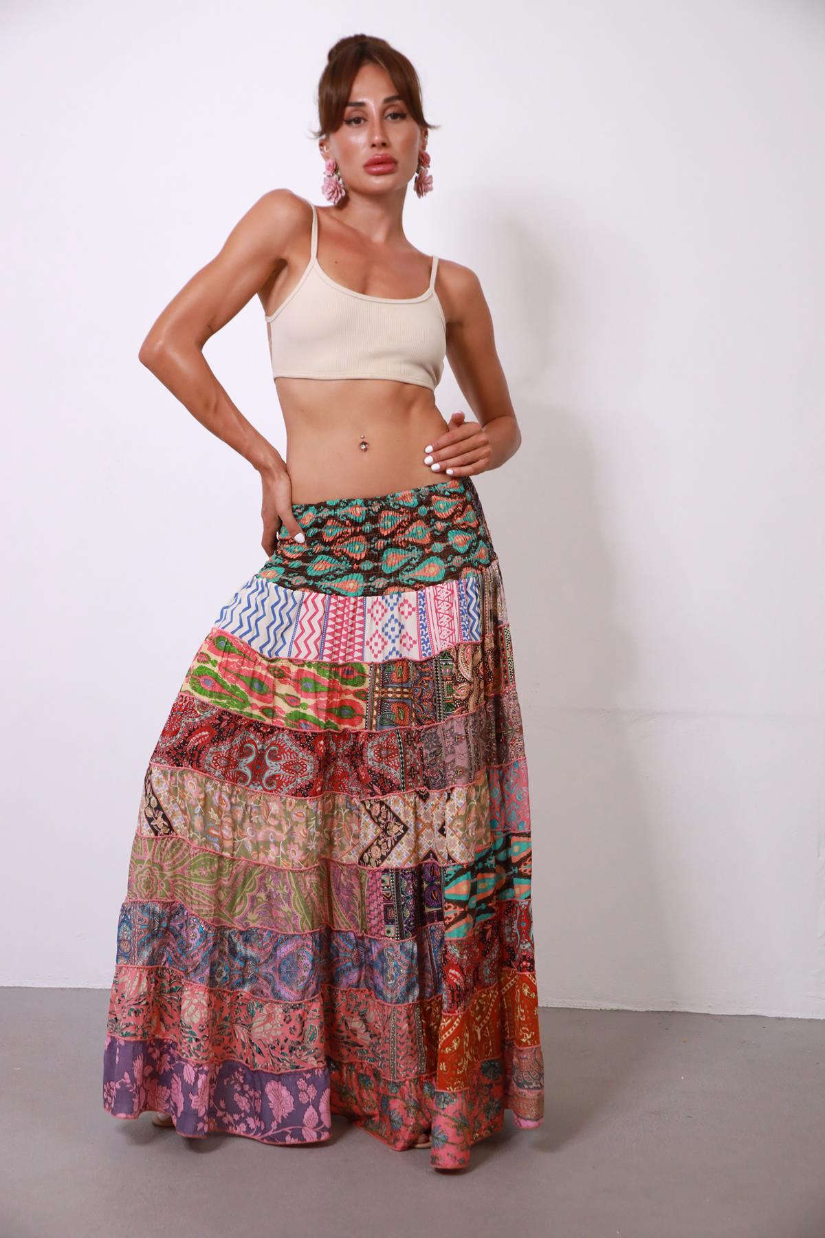 Renkli Beli Lastikli Otantik Desenli Patchwork Etek - Şaman Butik Renkli Beli Lastikli Otantik Desenli Patchwork Etek