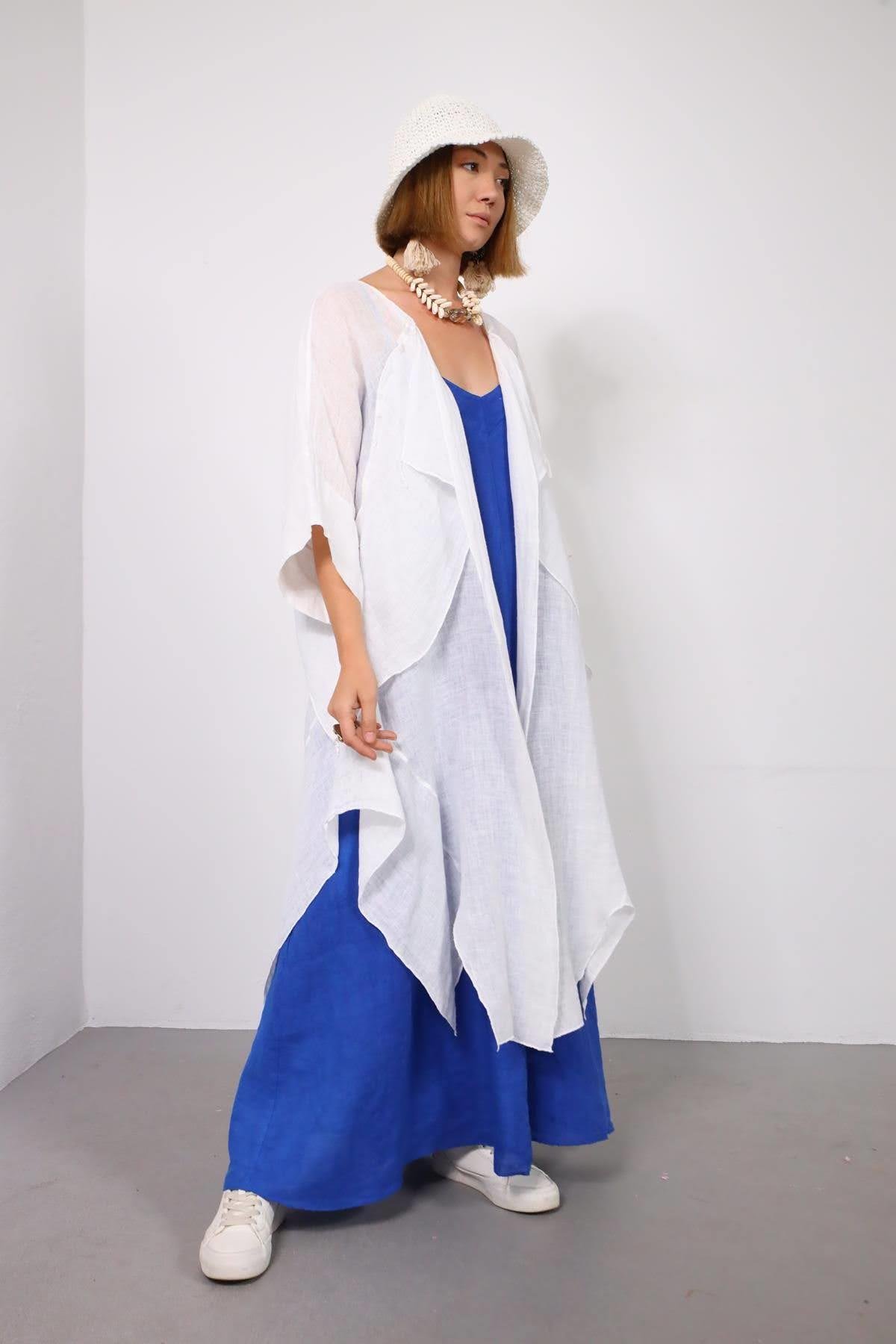Beyaz Parça Detaylı Keten Kaftan - Şaman Butik Beyaz Parça Detaylı Keten Kaftan