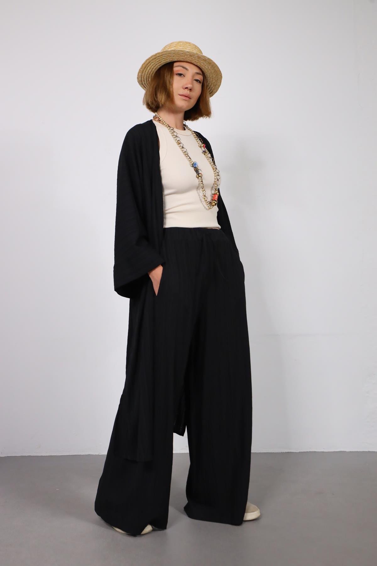  Siyah Gofre Uzun Kimono Takım