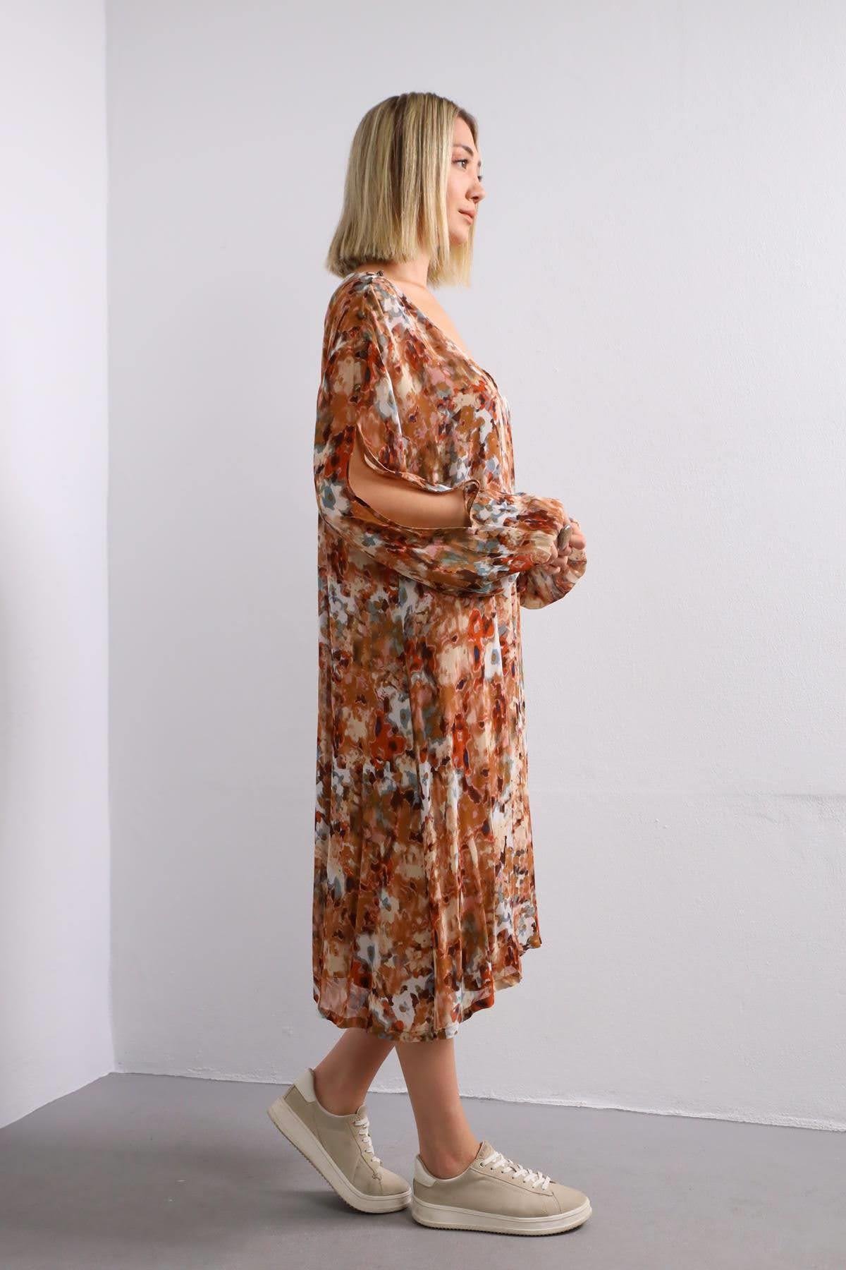 Kahverengi Batik Desenli Düğmeli Elbise - Şaman Butik Kahverengi Batik Desenli Düğmeli Elbise