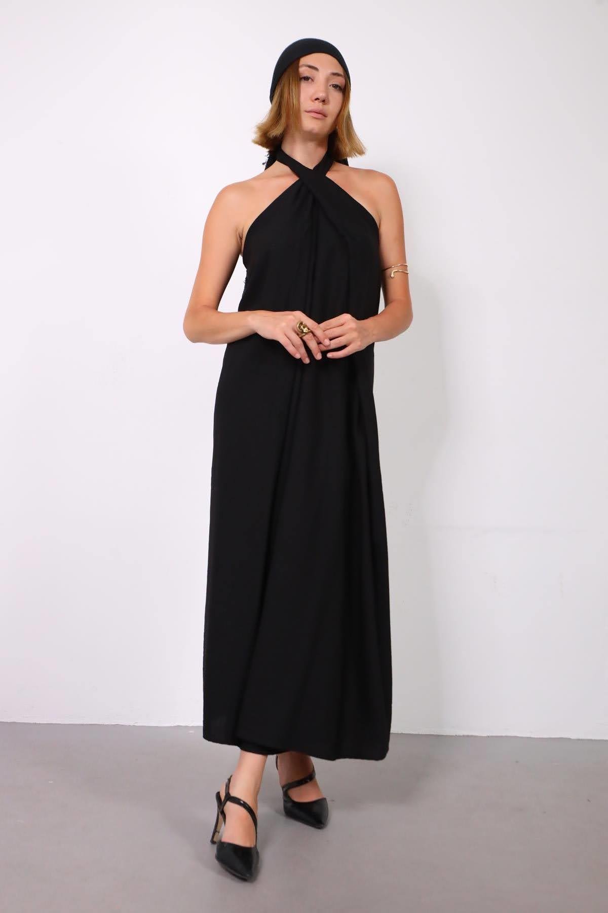 Siyah Bağlamalı Halter Yaka Elbise - Şaman Butik Siyah Bağlamalı Halter Yaka Elbise