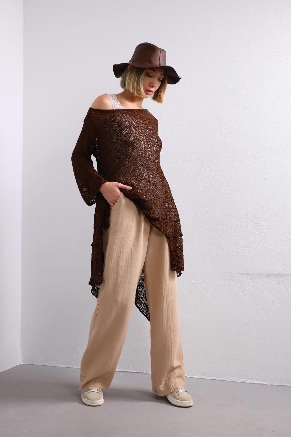 Brown Asymmetric Cut Mercerized Loose Blouse - Saman Butik | Shop Online Brown Asymmetric Cut Mercerized Loose Blouse