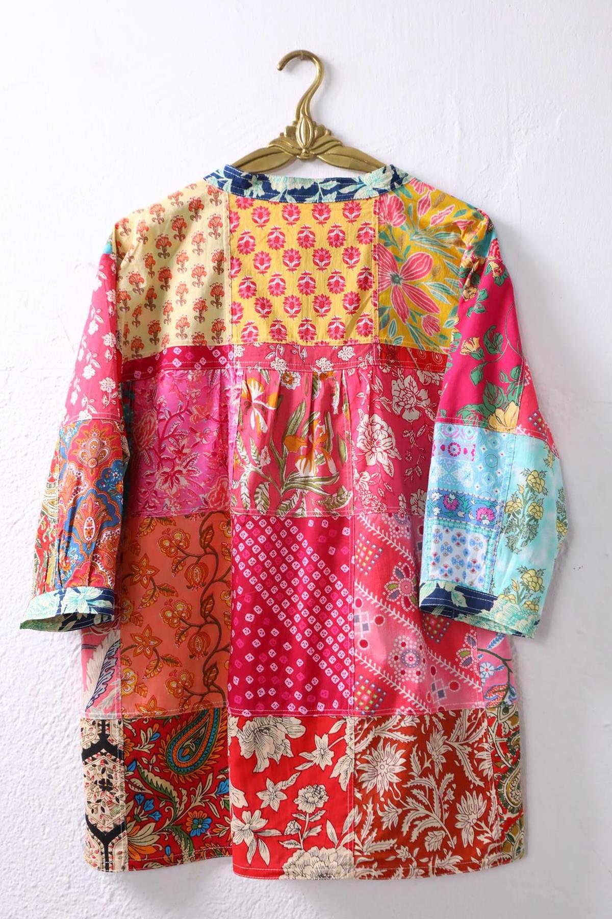 Renkli Yakası Düğmeli Patchwork Tunik - Şaman Butik Renkli Yakası Düğmeli Patchwork Tunik