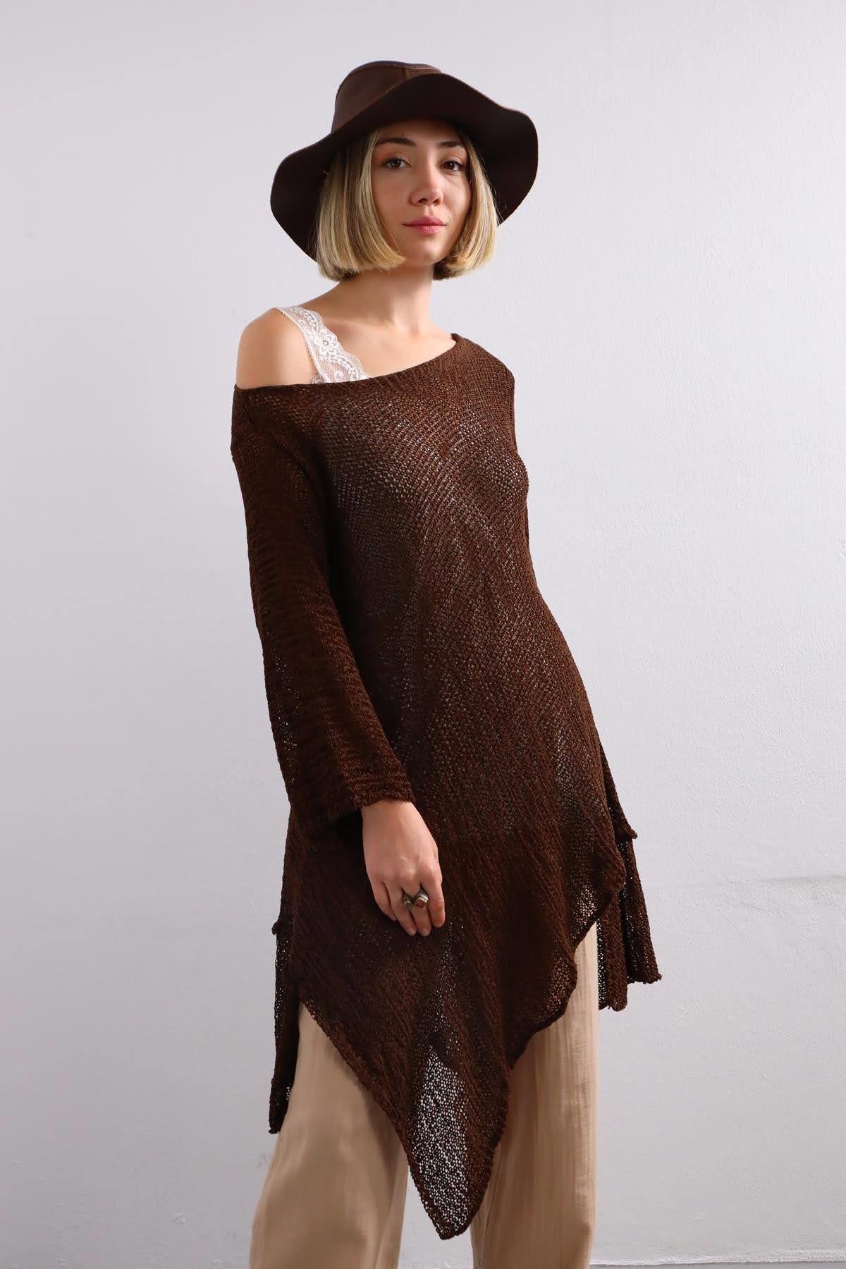 Brown Asymmetric Cut Mercerized Loose Blouse - Saman Butik | Shop Online Brown Asymmetric Cut Mercerized Loose Blouse