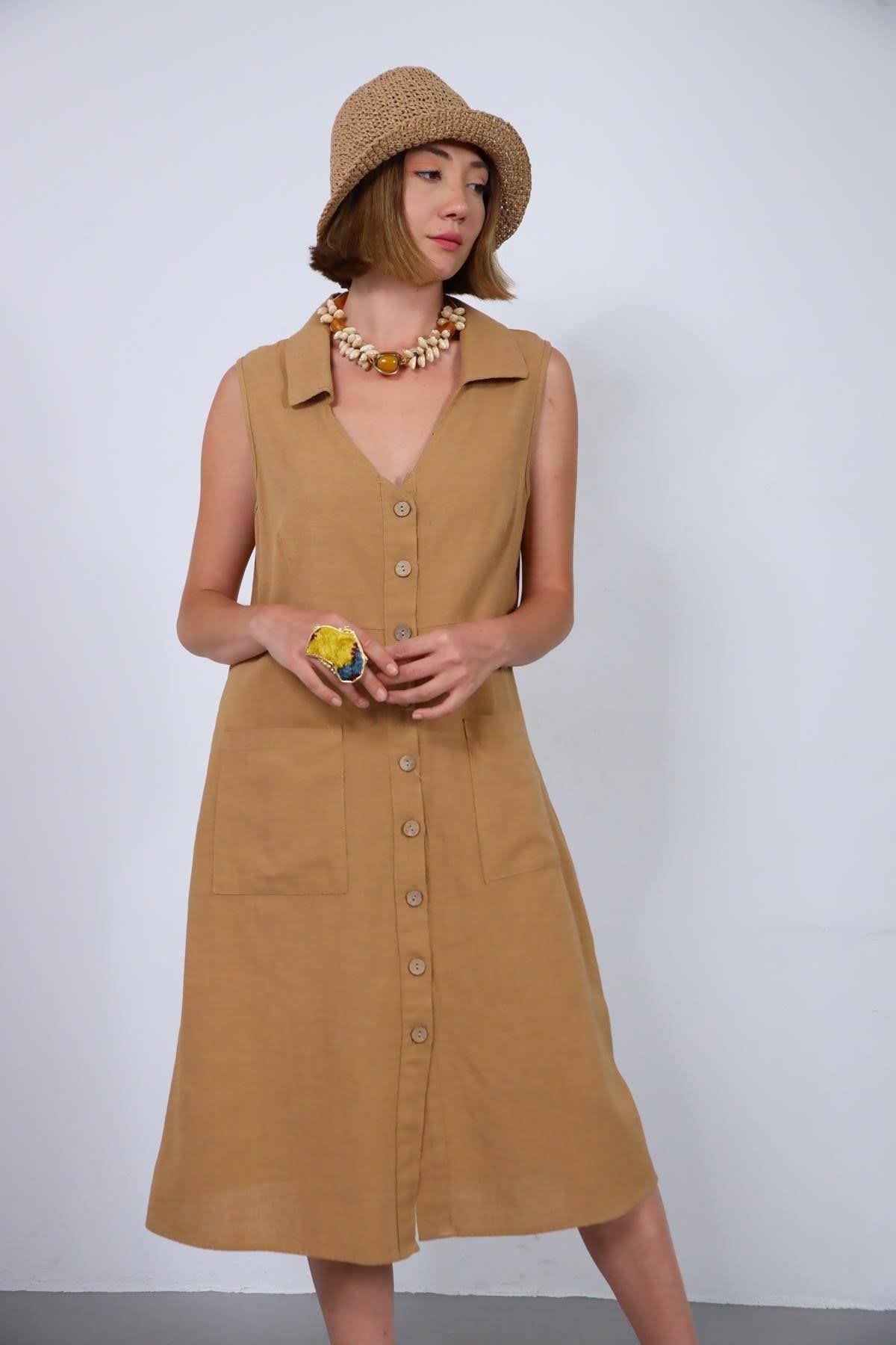 Camel Rengi V Yaka Cepli Keten Gömlek Elbise - Şaman Butik Camel Rengi V Yaka Cepli Keten Gömlek Elbise
