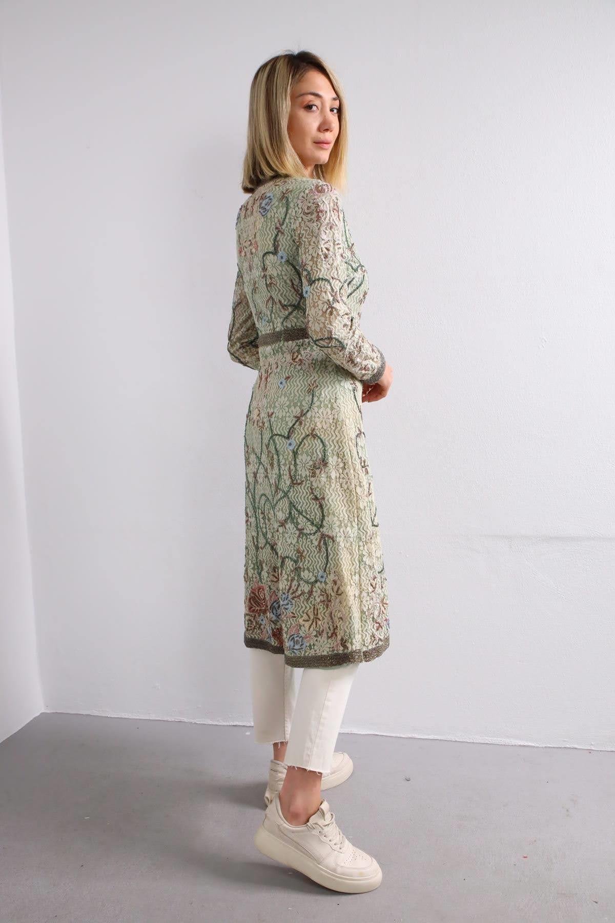  Mint Yeşili Boncuk İşlemeli Dantelli Bohem Kaftan