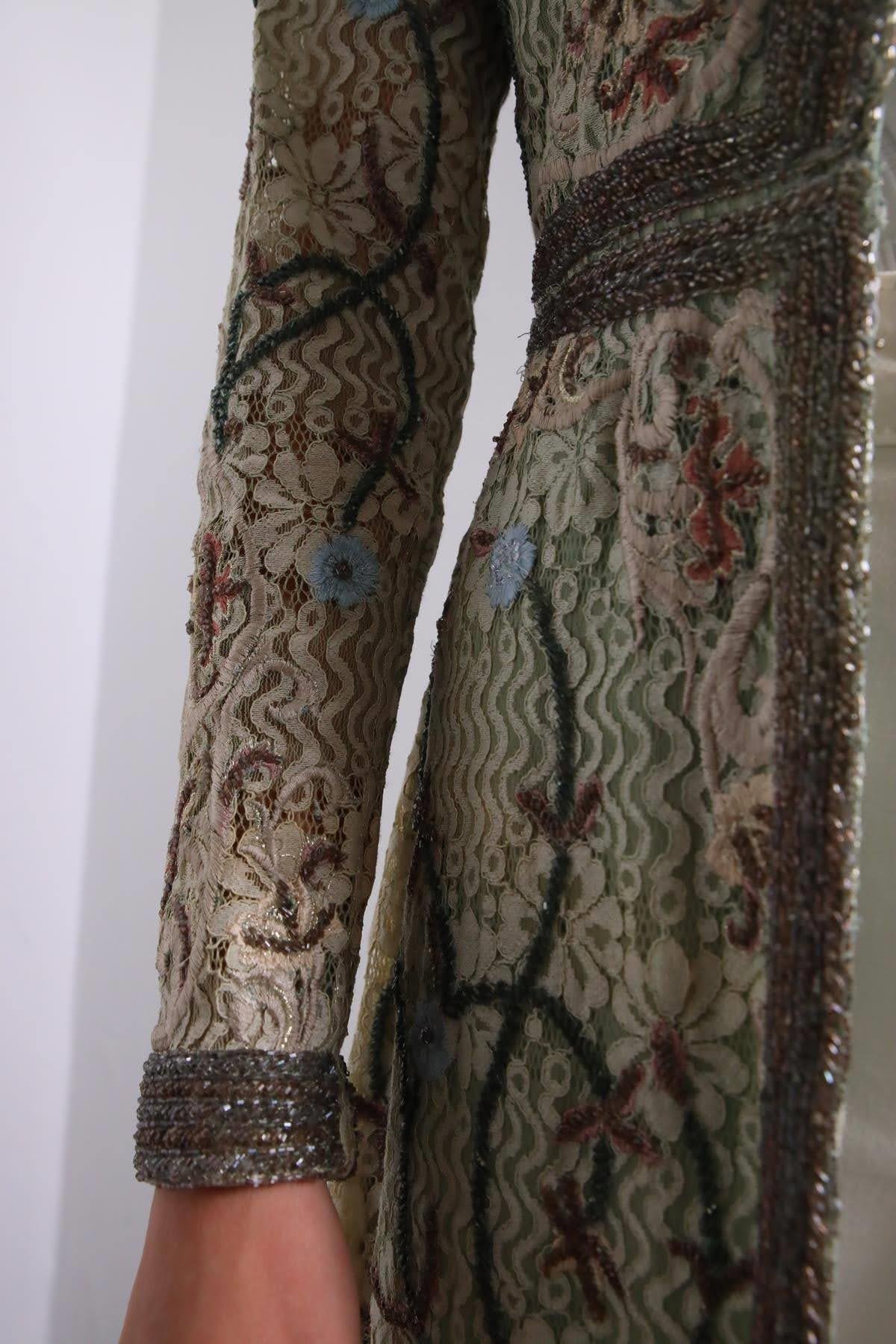  Mint Yeşili Boncuk İşlemeli Dantelli Bohem Kaftan