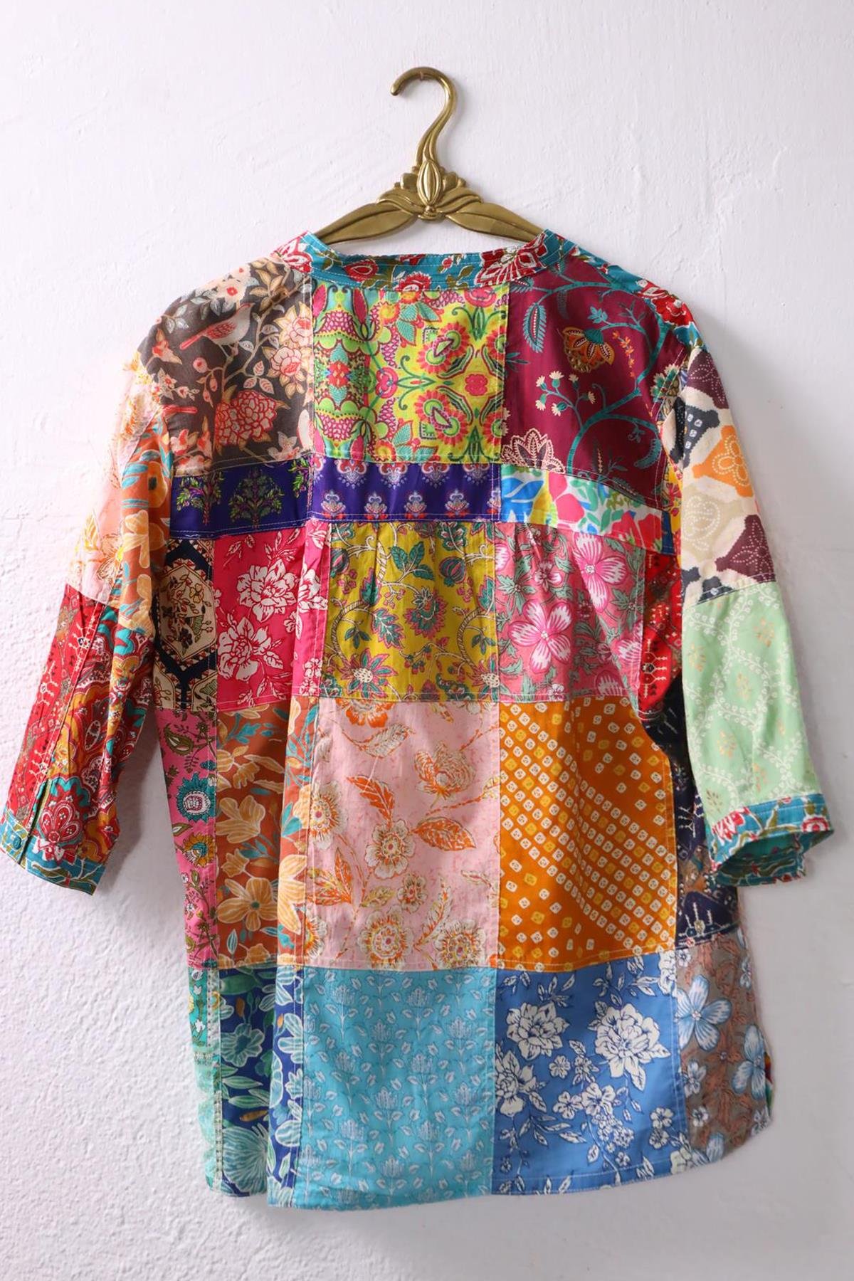 Mint Yeşili Yakası Düğmeli Patchwork Tunik - Şaman Butik Mint Yeşili Yakası Düğmeli Patchwork Tunik