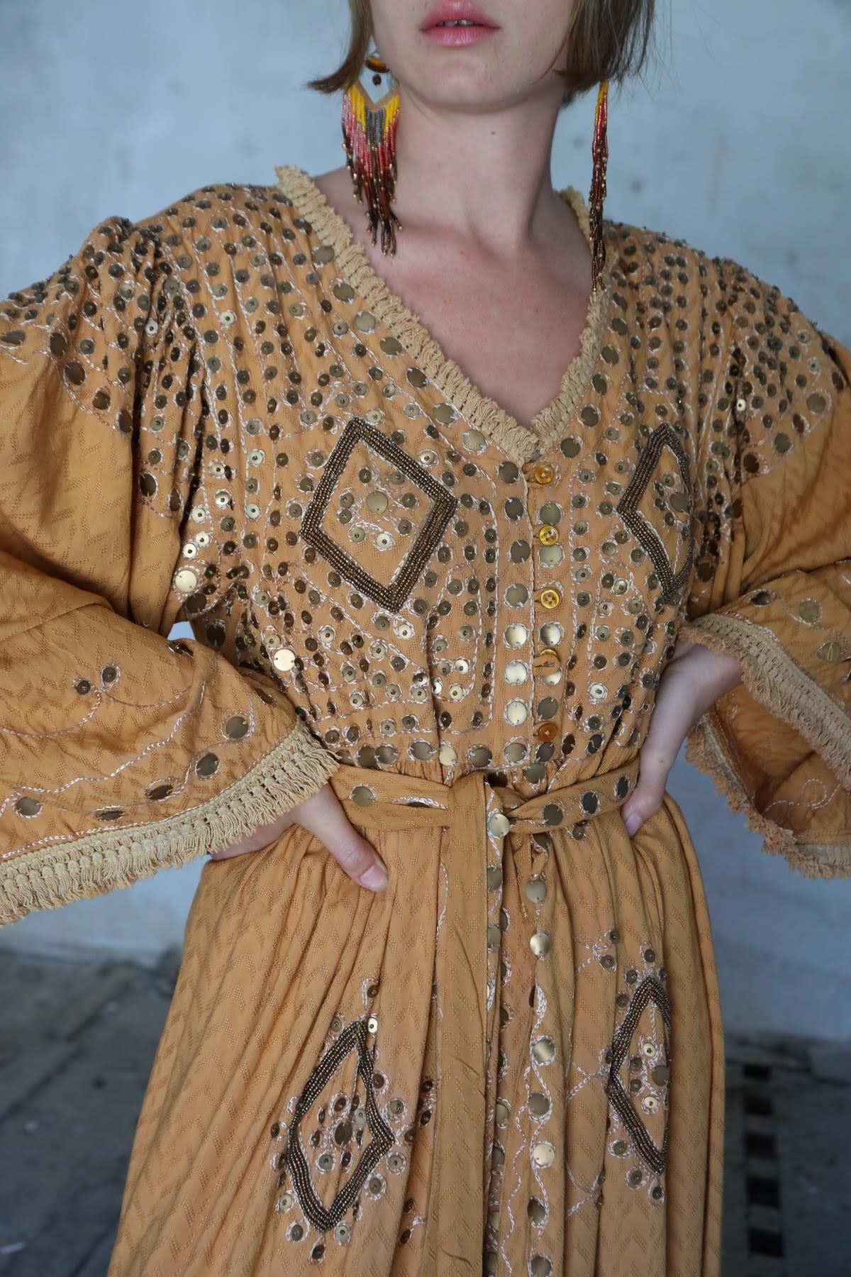Camel Self-Patterned Embroidered Authentic Dress - Saman Butik | Shop Online Camel Self-Patterned Embroidered Authentic Dress