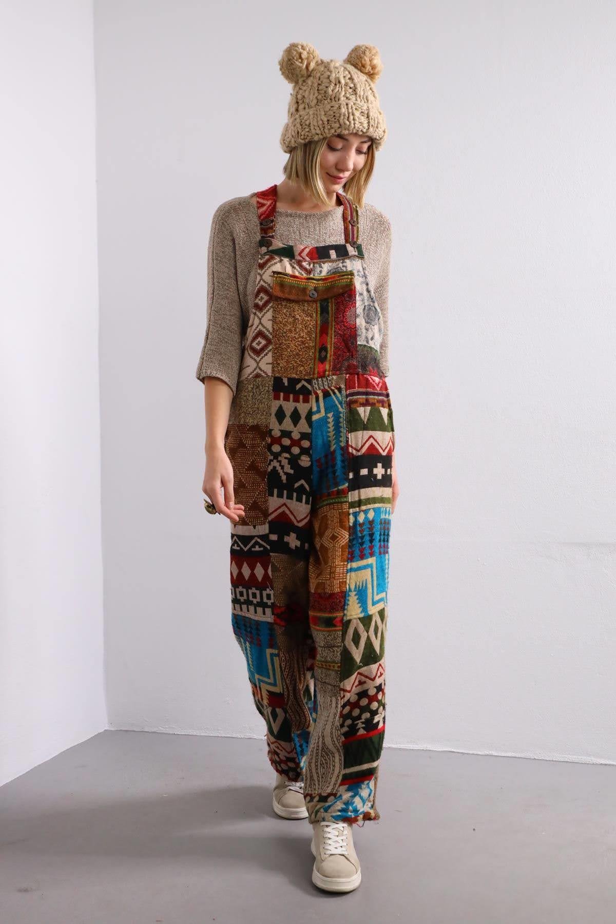 Renkli Kışlık Patchwork Tulum - Şaman Butik Renkli Kışlık Patchwork Tulum