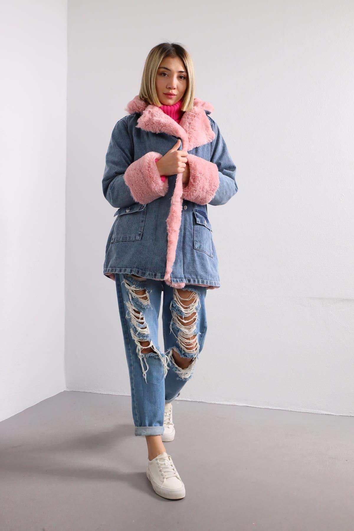 Mavi Pembe Kürklü Kot Ceket - Şaman Butik Mavi Pembe Kürklü Kot Ceket