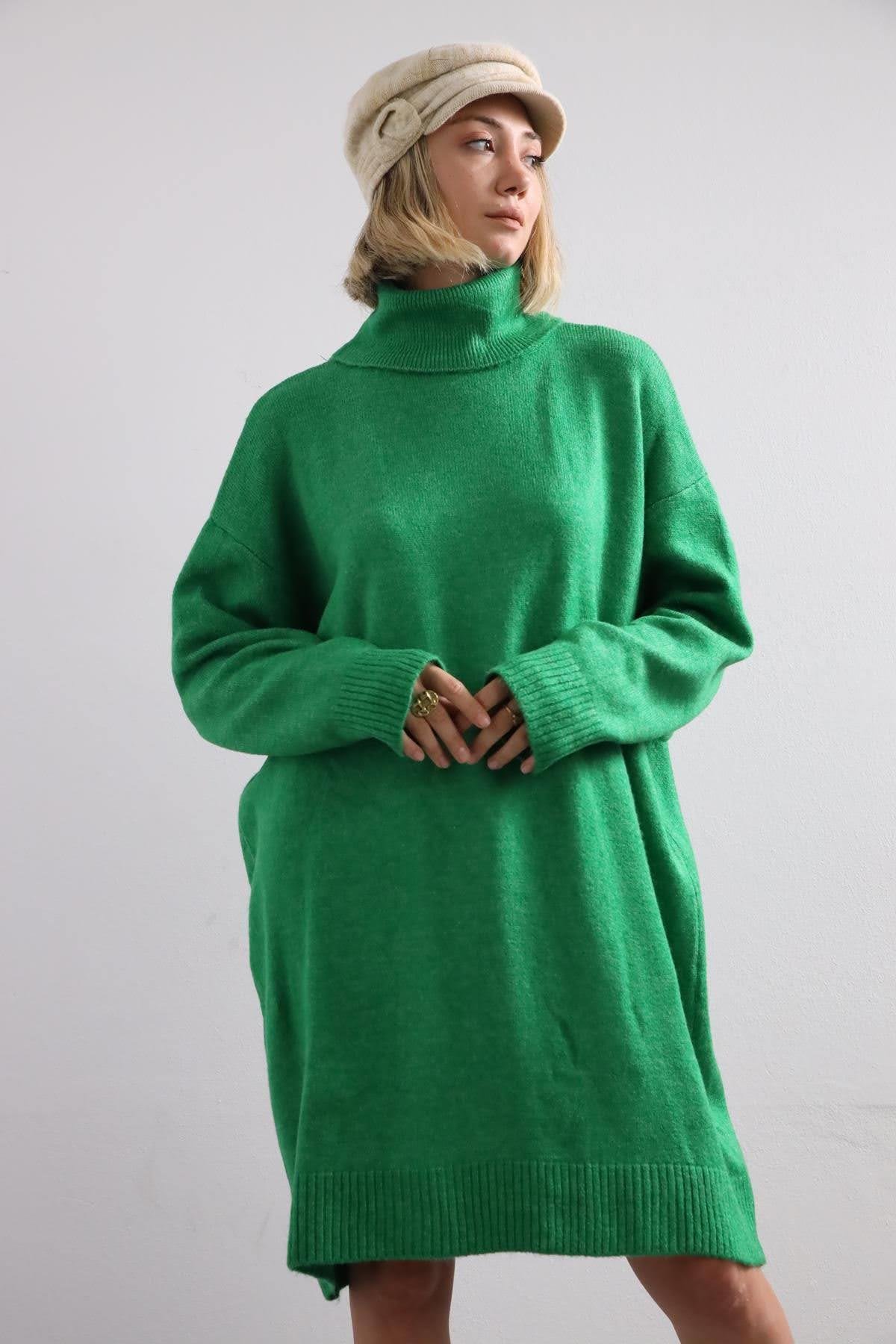 Yeşil Boğazlı Uzun Kazak - Şaman Butik Yeşil Boğazlı Uzun Kazak