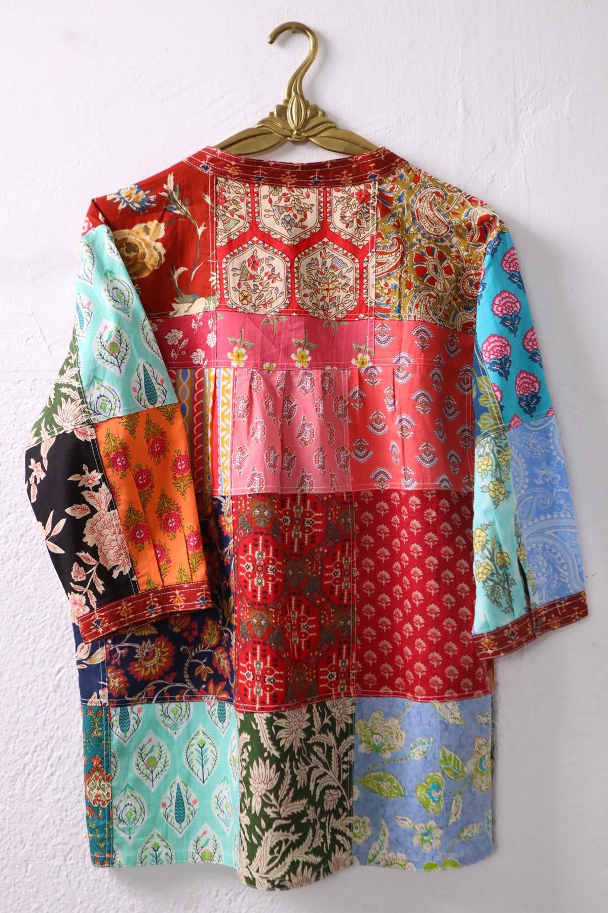 Renkli Yakası Düğmeli Patchwork Tunik - Şaman Butik Renkli Yakası Düğmeli Patchwork Tunik
