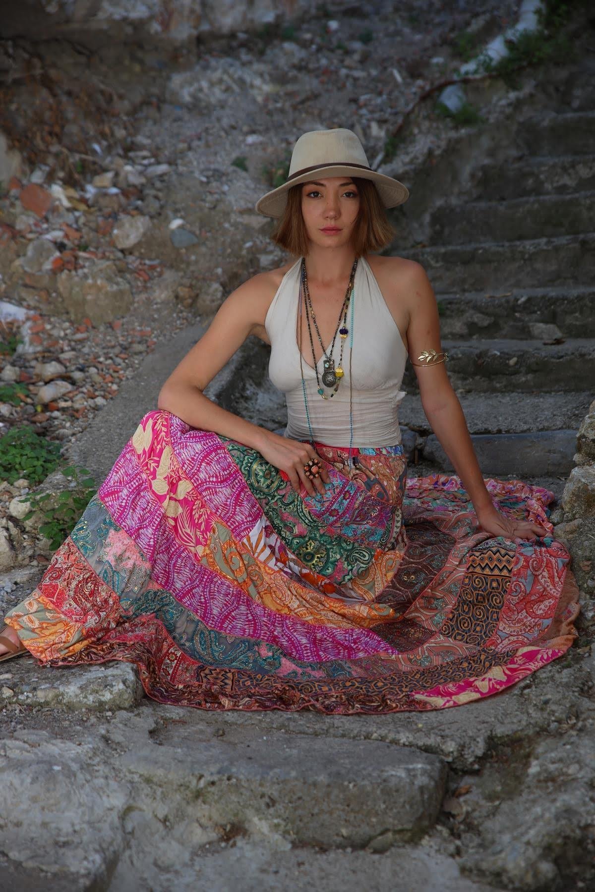 Renkli Patchwork Otantik İpek Etek