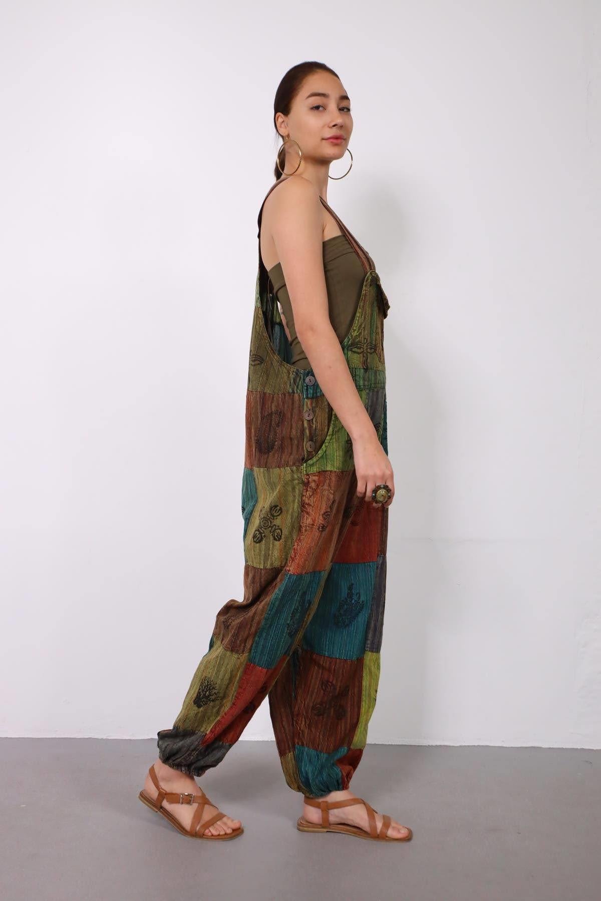 Renkli Yıkama Patchwork Tulum - Şaman Butik Renkli Yıkama Patchwork Tulum