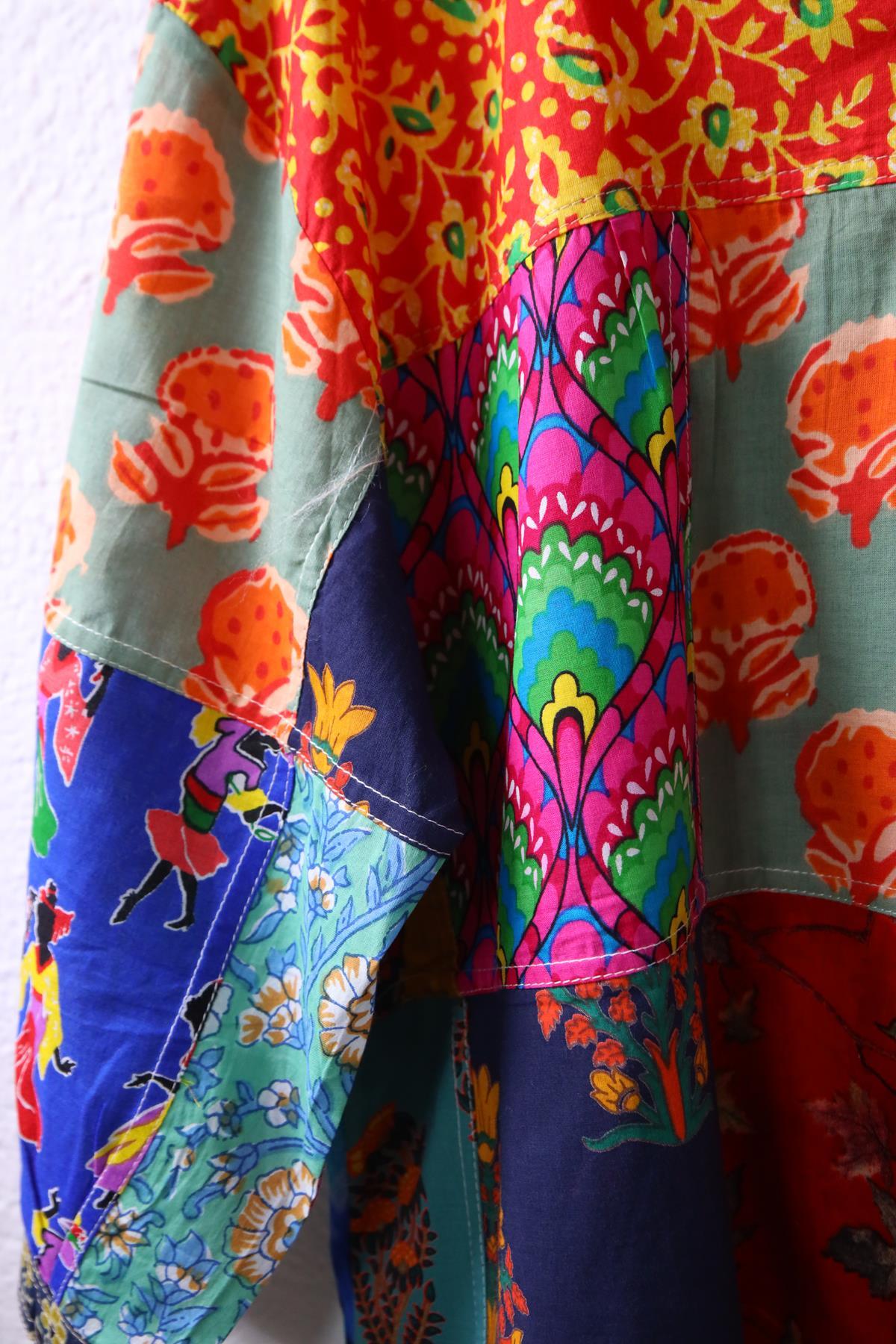 Pastel Lacivert Yakası Düğmeli Patchwork Tunik - Şaman Butik Pastel Lacivert Yakası Düğmeli Patchwork Tunik