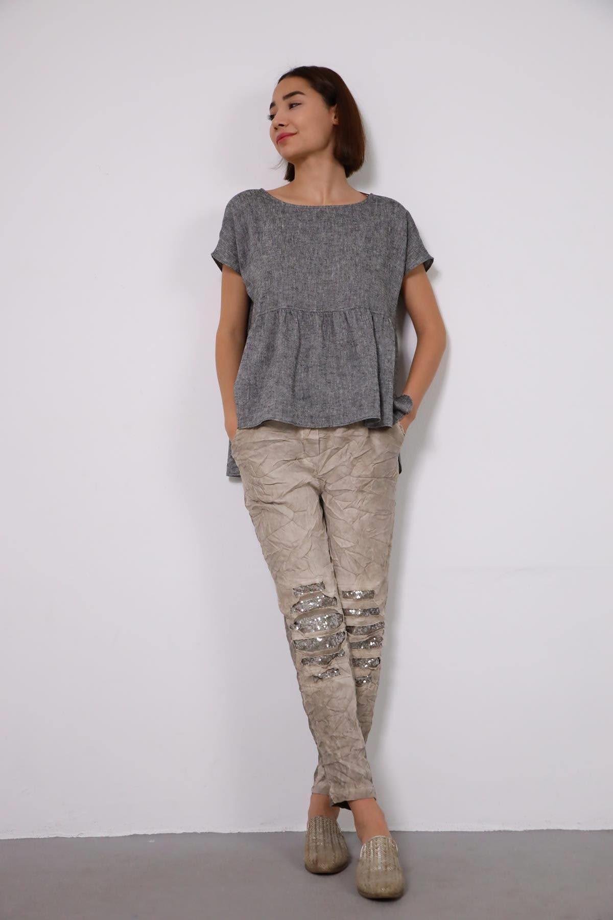 Mink Sequin Patched Trousers - Saman Butik | Shop Online Mink Sequin Patched Trousers