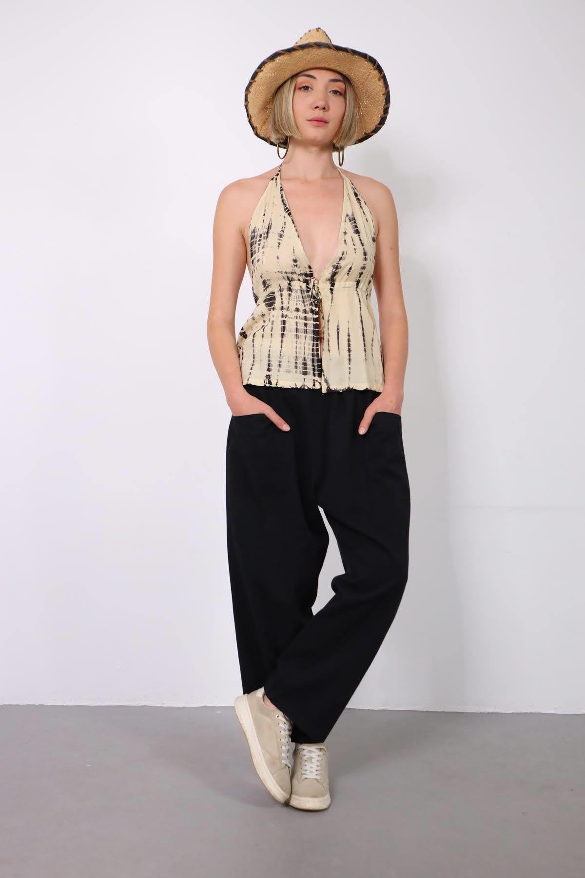  Siyah Beli Lastikli Çift Cepli Gabardin Pantolon