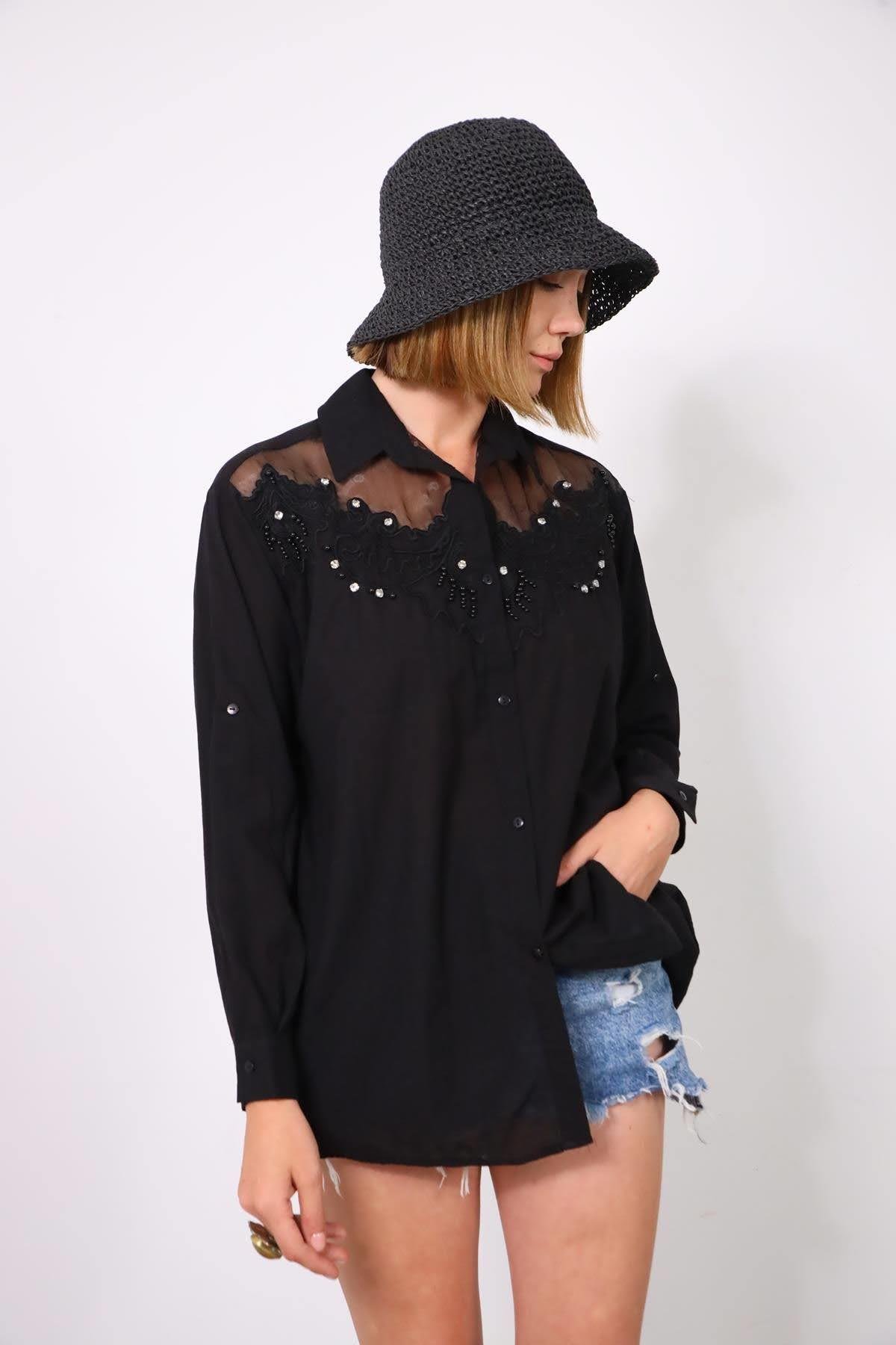 Siyah Taşlı Yakalı Gömlek - Şaman Butik Siyah Taşlı Yakalı Gömlek