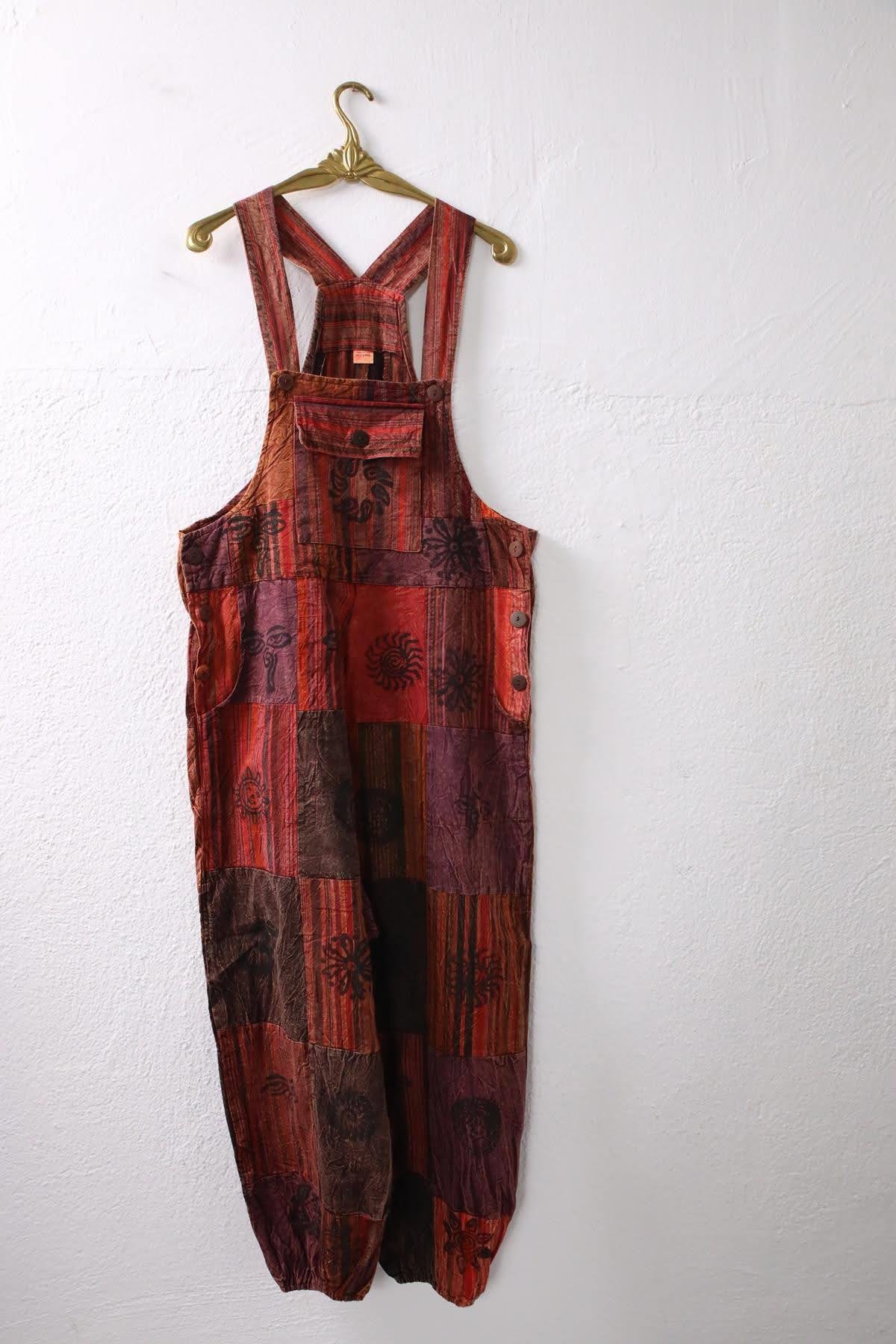 Kiremit Rengi Yıkama Patchwork Tulum - Şaman Butik Kiremit Rengi Yıkama Patchwork Tulum