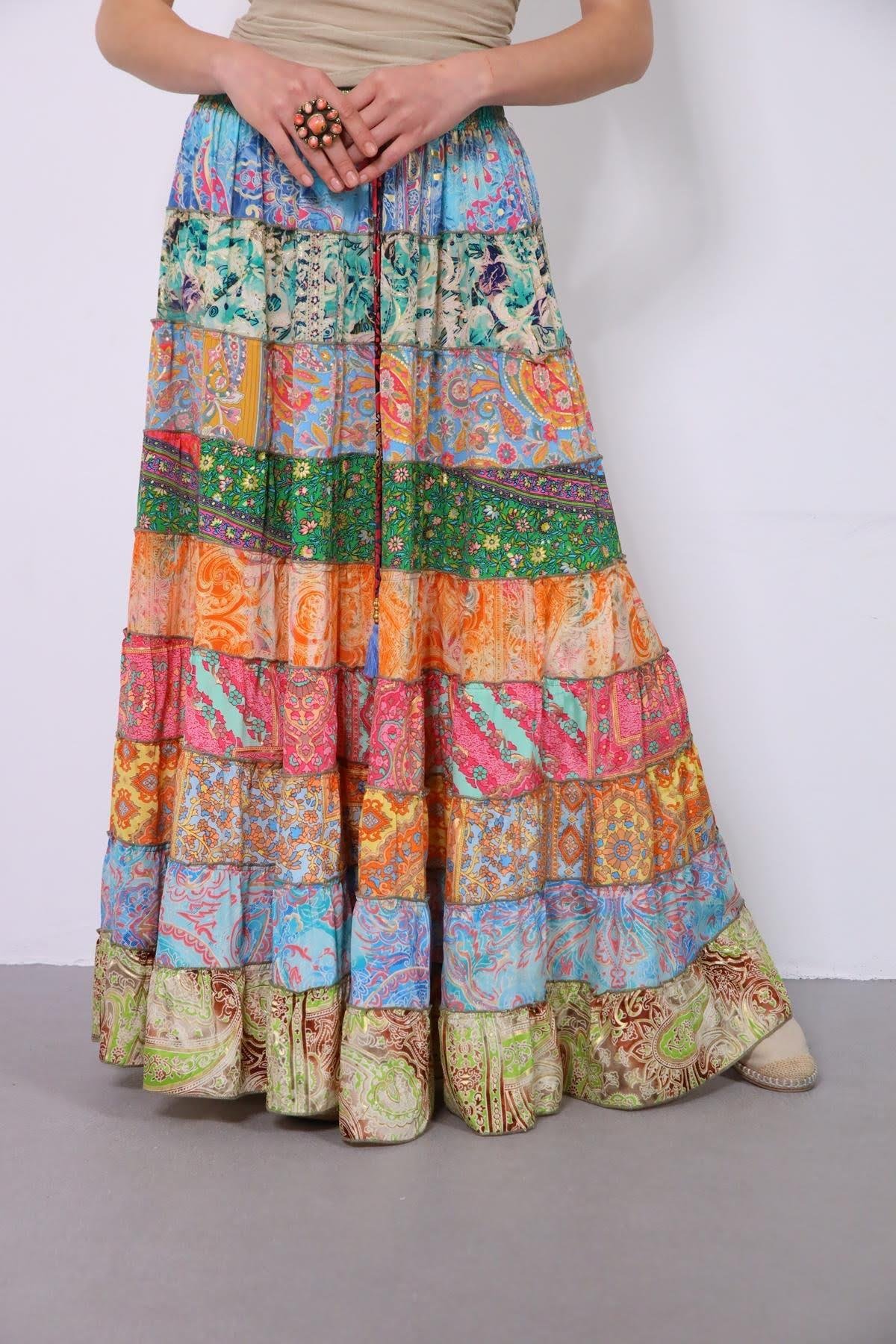  Renkli Patchwork Otantik İpek Etek