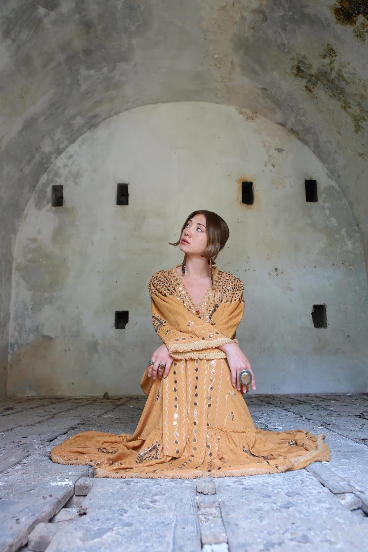 Camel Self-Patterned Embroidered Authentic Dress - Saman Butik | Shop Online Camel Self-Patterned Embroidered Authentic Dress