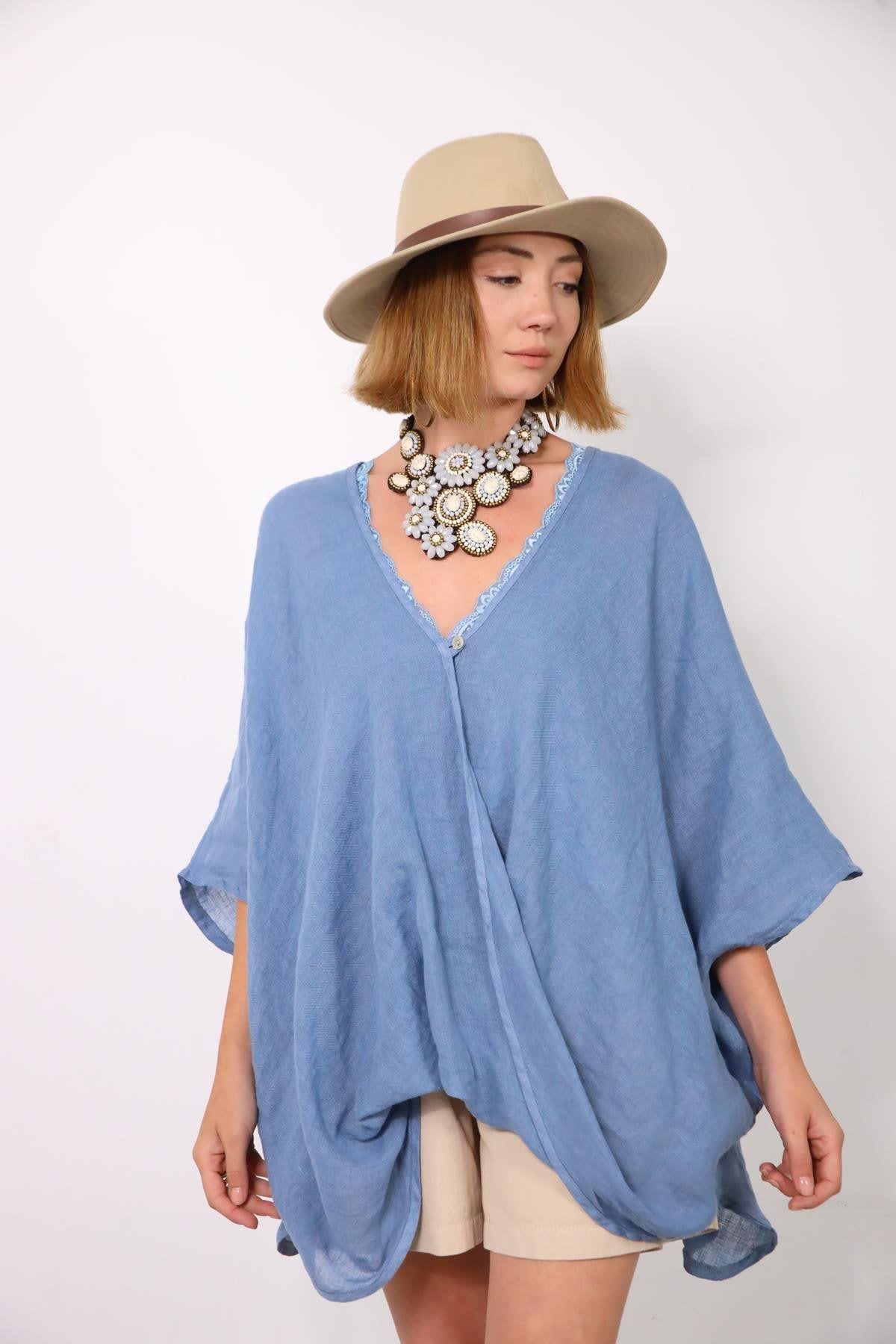 İndigo Blue One Button Linen Judith Blouse İndigo Blue One Button Linen Judith Blouse