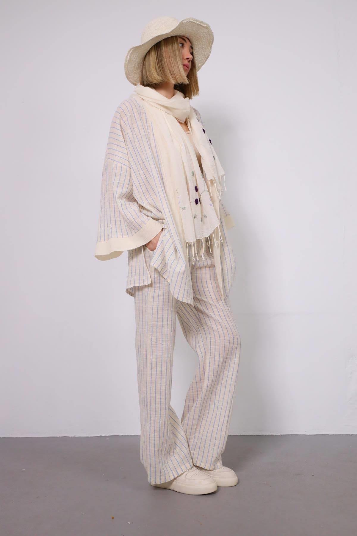 Mavi Çizgili Kimono - Şaman Butik Mavi Çizgili Kimono