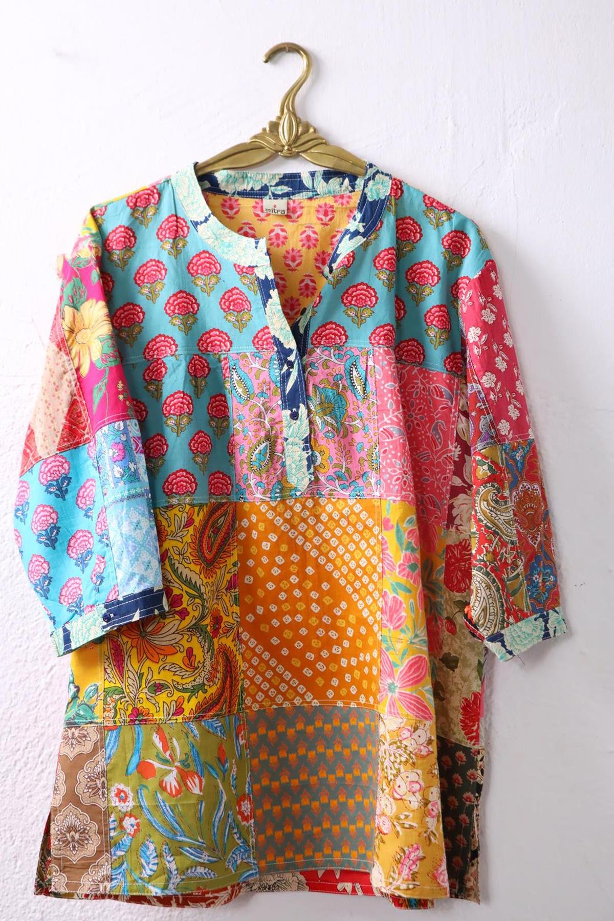 Renkli Yakası Düğmeli Patchwork Tunik - Şaman Butik Renkli Yakası Düğmeli Patchwork Tunik