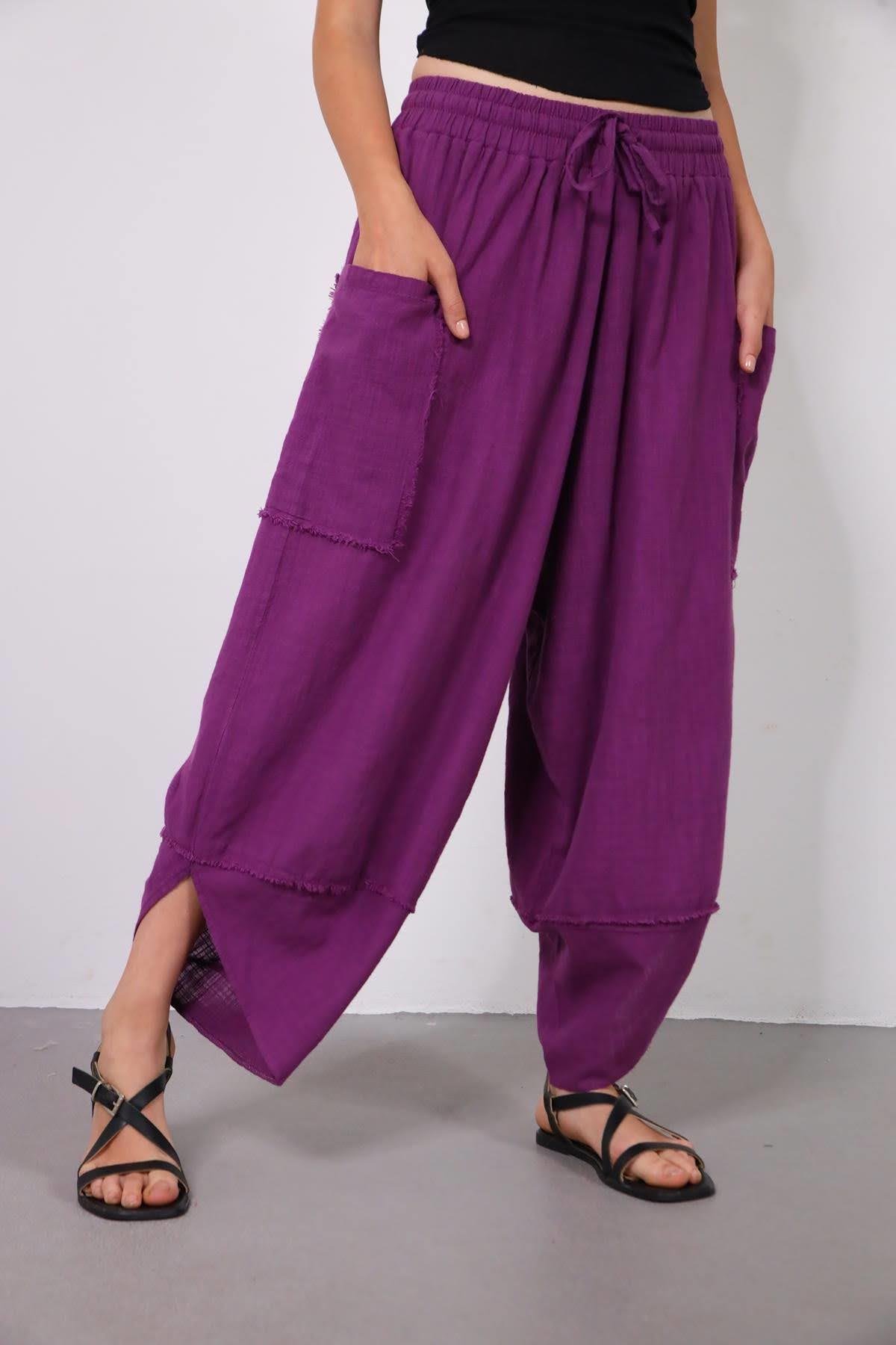 Mor Torba Cepli Püsküllü Paça Detaylı Pantolon - Şaman Butik Mor Torba Cepli Püsküllü Paça Detaylı Pantolon