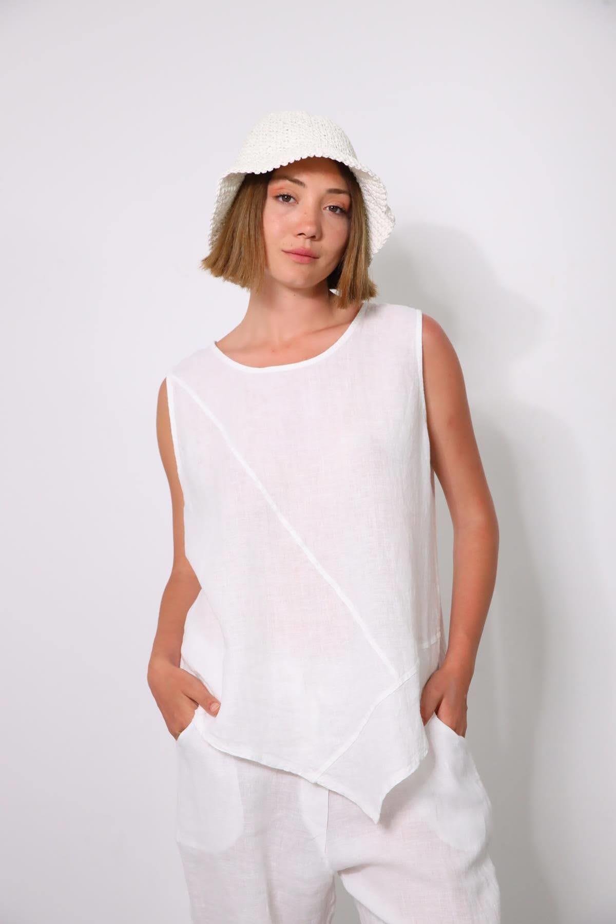 Beyaz Dikişli Sıfır Kol Bluz ve Pantolon Keten Takım - Şaman Butik Beyaz Dikişli Sıfır Kol Bluz ve Pantolon Keten Takım