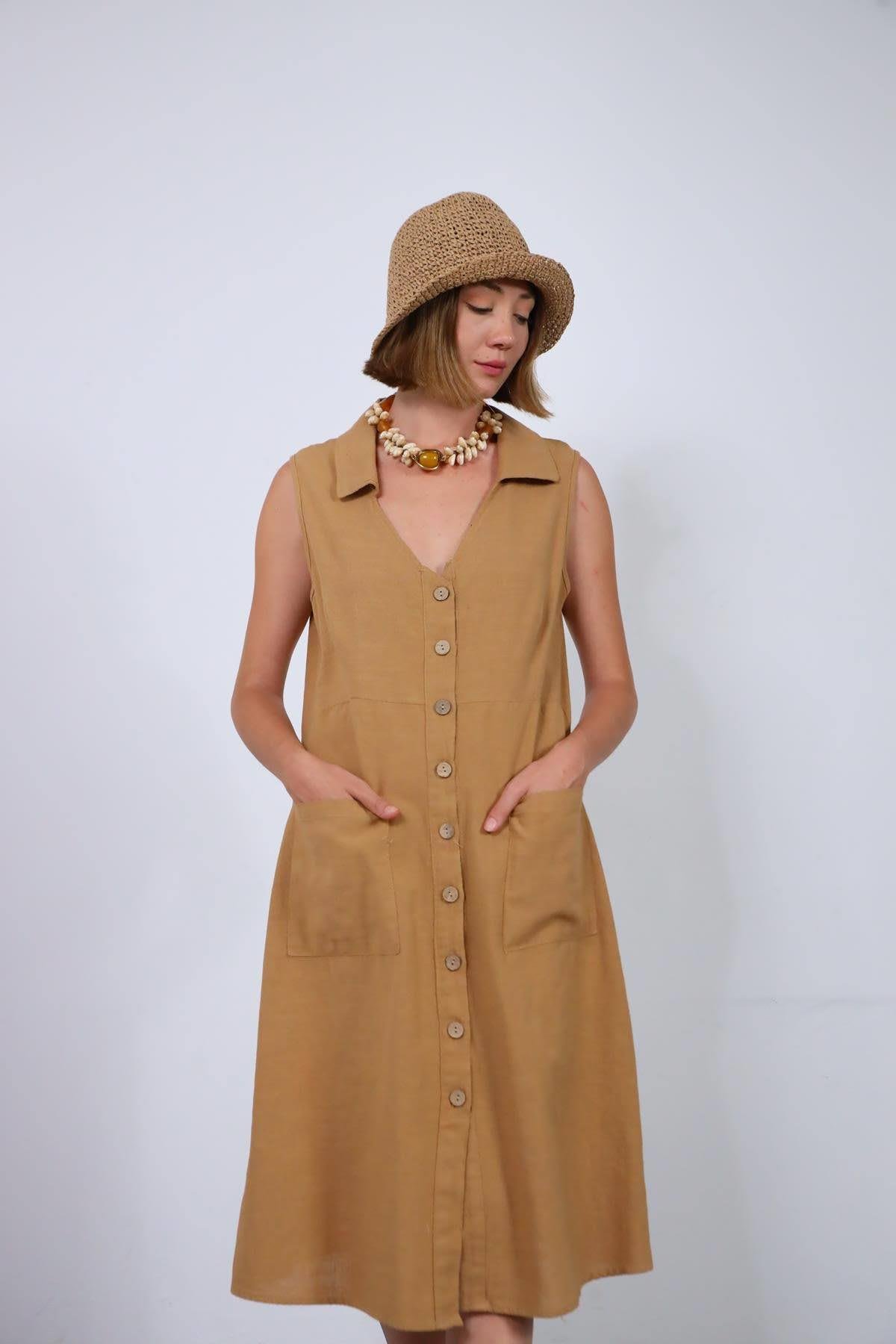 Camel Rengi V Yaka Cepli Keten Gömlek Elbise - Şaman Butik Camel Rengi V Yaka Cepli Keten Gömlek Elbise