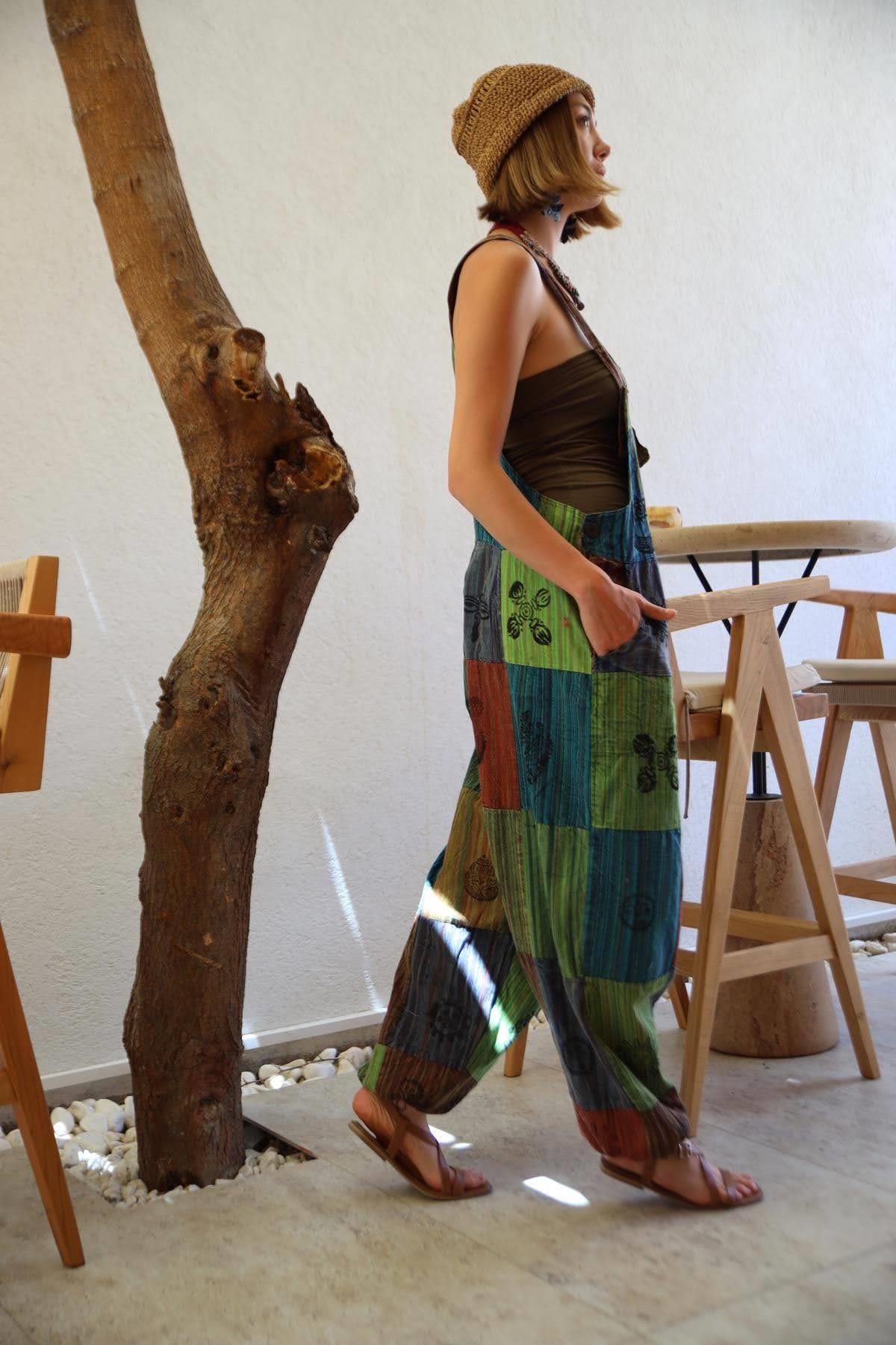  Renkli Yıkama Patchwork Tulum