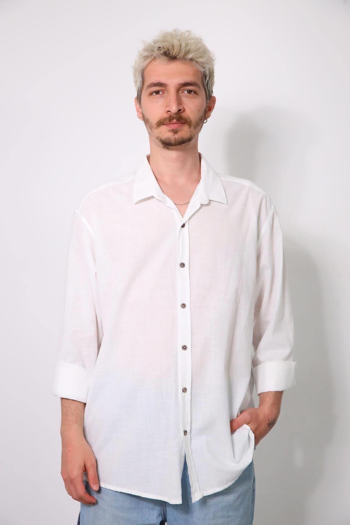 Beyaz Erkek Pamuk Gömlek - Şaman Butik Beyaz Erkek Pamuk Gömlek