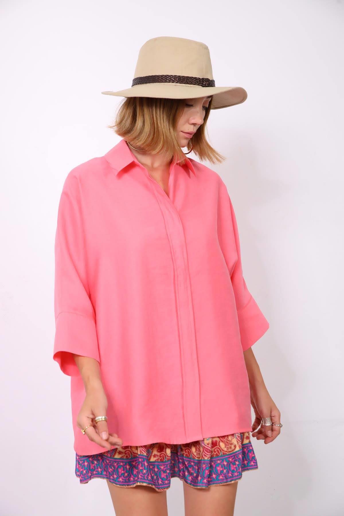 Pembe Yarasa Kol Arkası Dikişli Gömlek - Şaman Butik Pembe Yarasa Kol Arkası Dikişli Gömlek