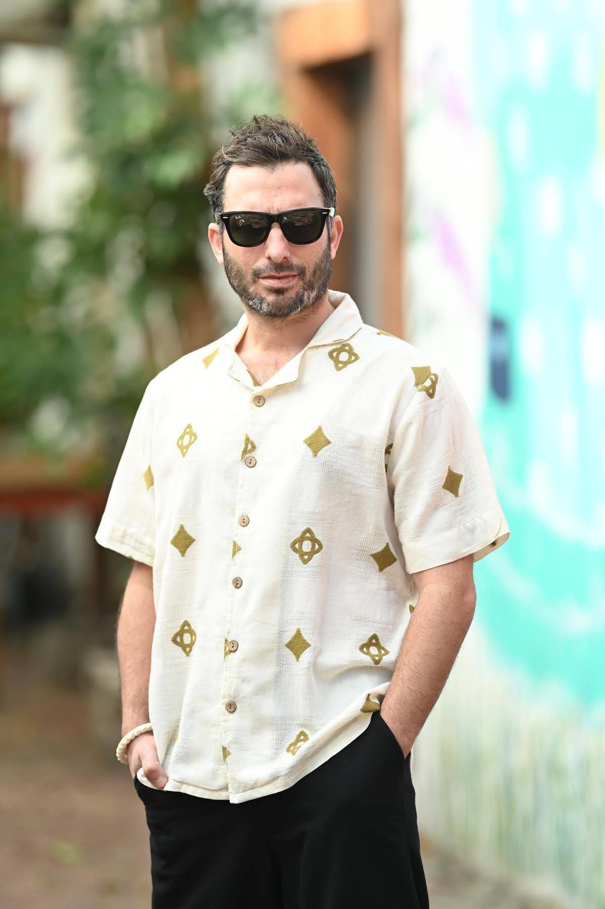 Krem Rengi Bordürlü Kısa Kollu Erkek Gömlek