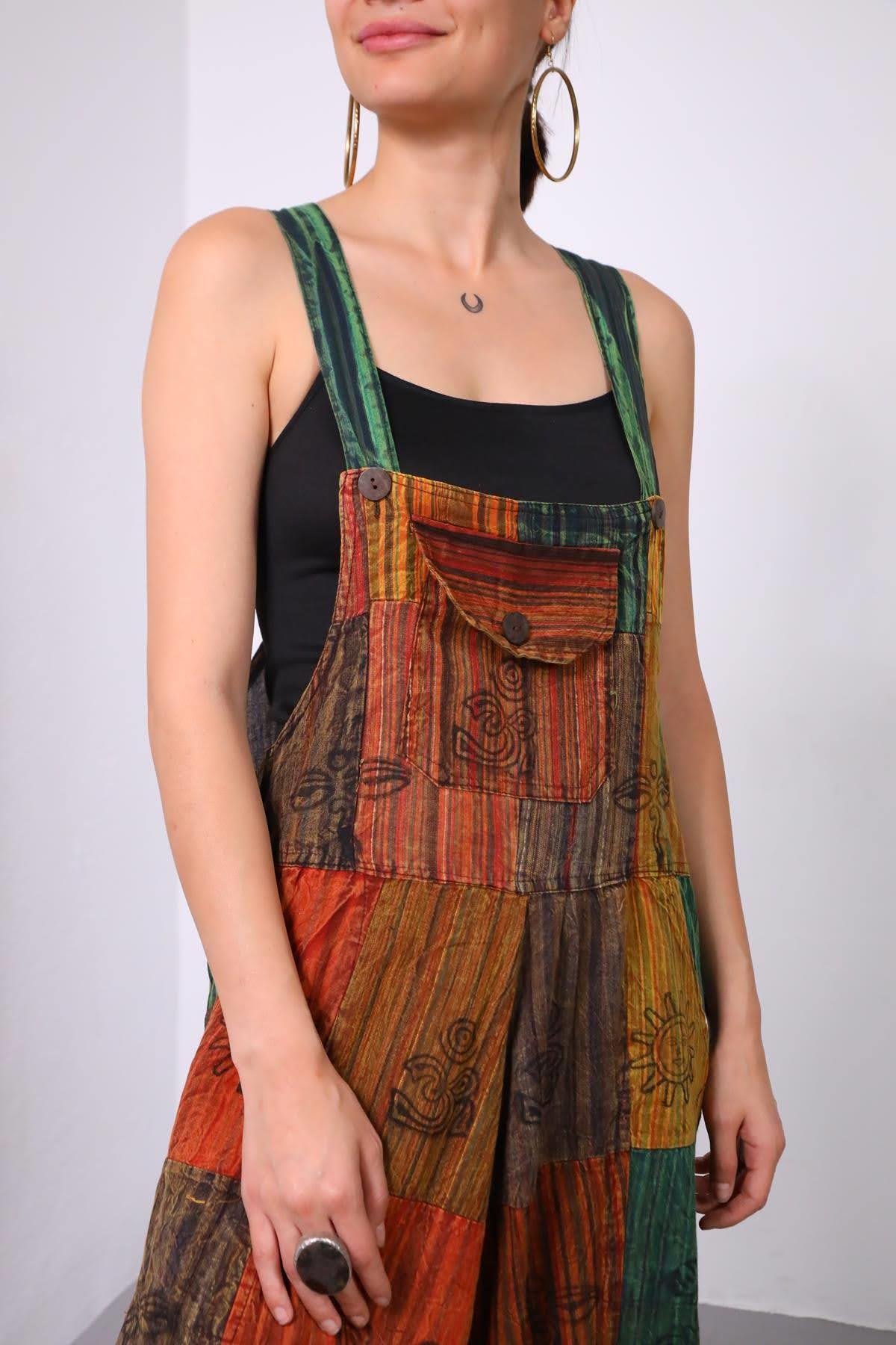 Renkli Yıkama Patchwork Tulum - Şaman Butik Renkli Yıkama Patchwork Tulum