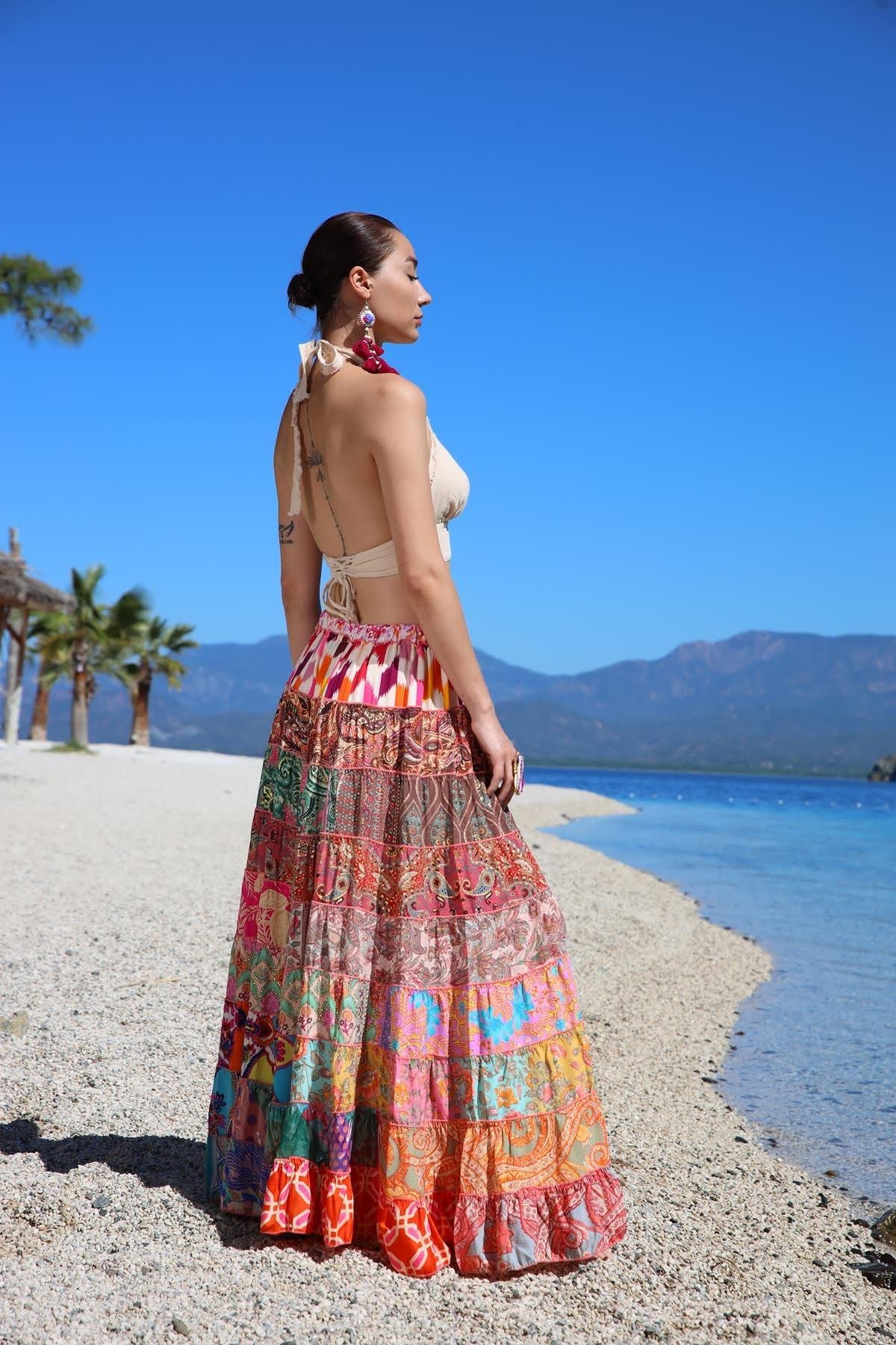  Renkli Patchwork Otantik İpek Etek