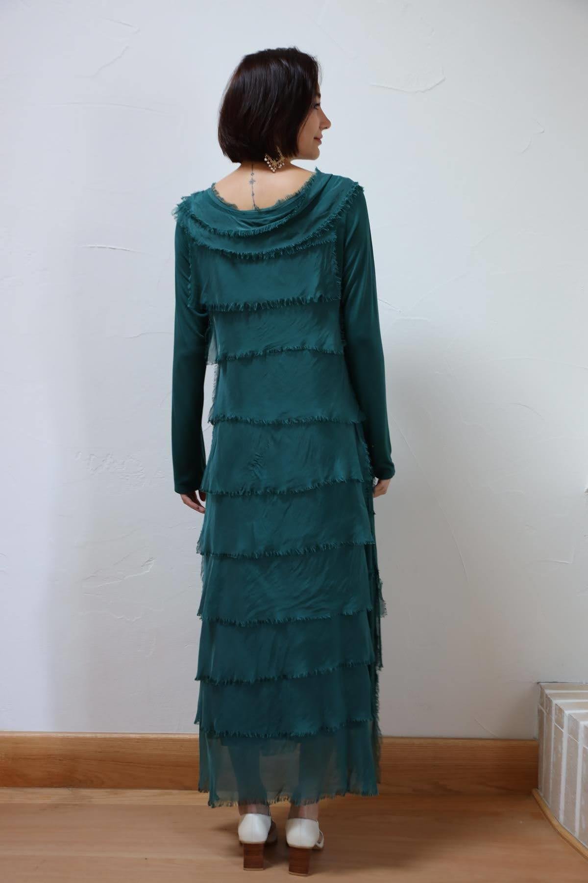  Emerald Green Silk Multi-Layered  Long Dress - Şaman Butik | Boho Fashion  Emerald Green Silk Multi-Layered  Long Dress