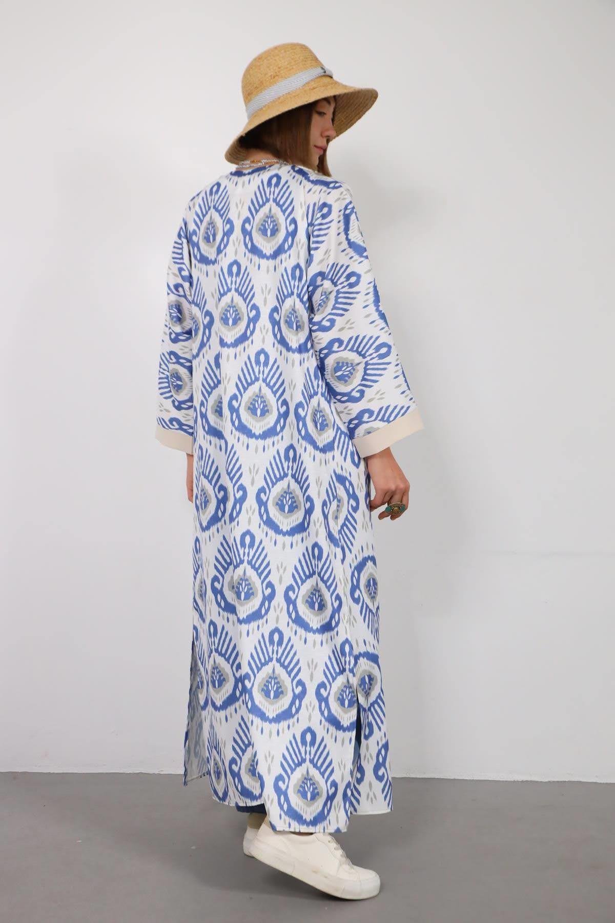 Krem Rengi Desenli Yanları Yırtmaçlı Kimono - Şaman Butik Krem Rengi Desenli Yanları Yırtmaçlı Kimono