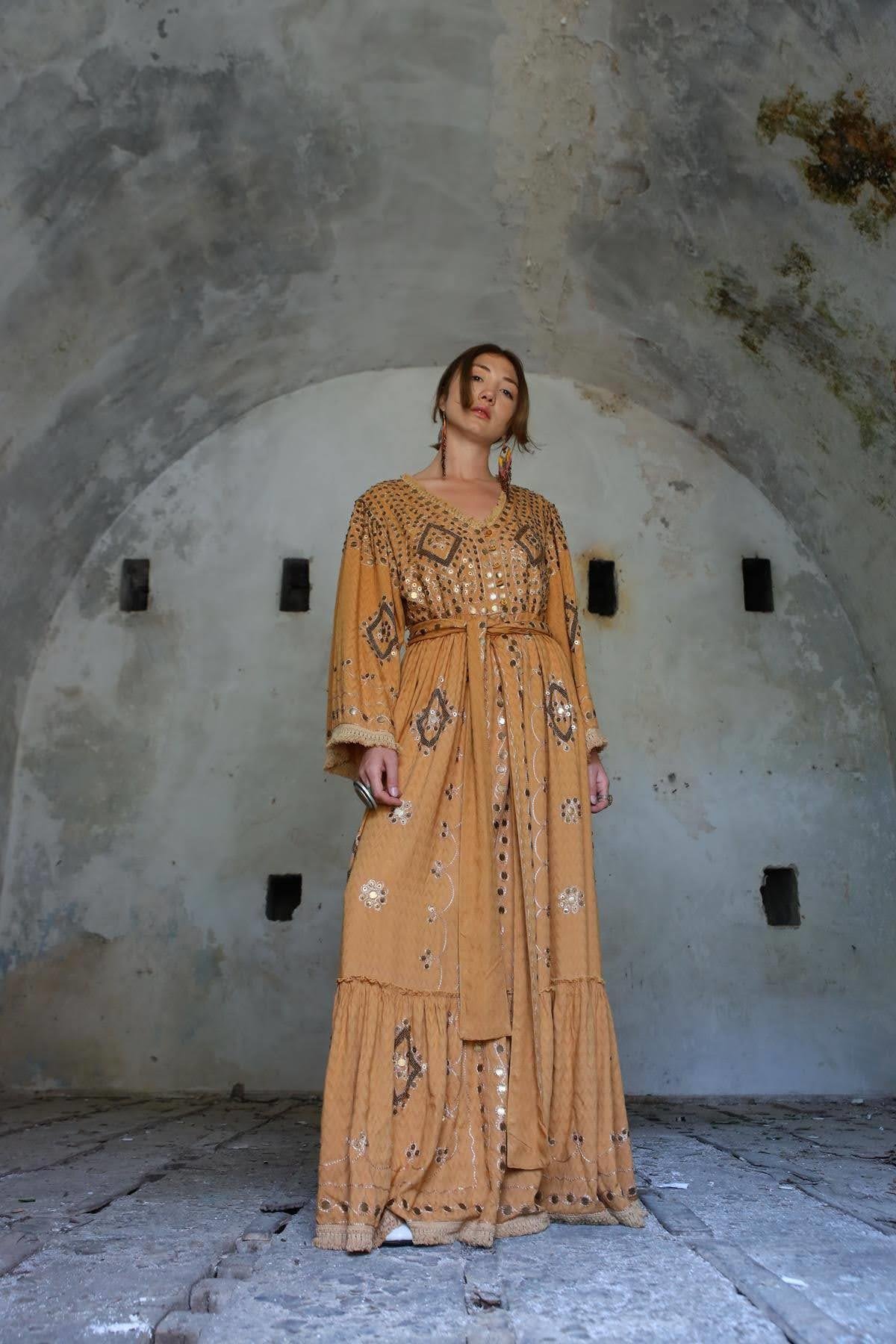 Camel Self-Patterned Embroidered Authentic Dress - Saman Butik | Shop Online Camel Self-Patterned Embroidered Authentic Dress