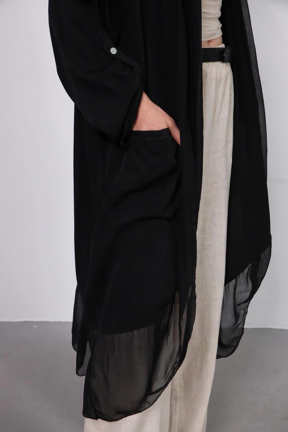 Siyah Cepli İpek Detaylı Kaftan - Şaman Butik - Bohem Giyim ve Aksesuar | Kadın & Erkek Siyah Cepli İpek Detaylı Kaftan