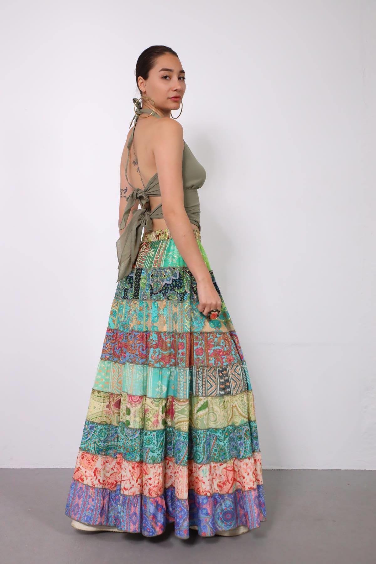 Renkli Patchwork Otantik İpek Etek - Şaman Butik Renkli Patchwork Otantik İpek Etek