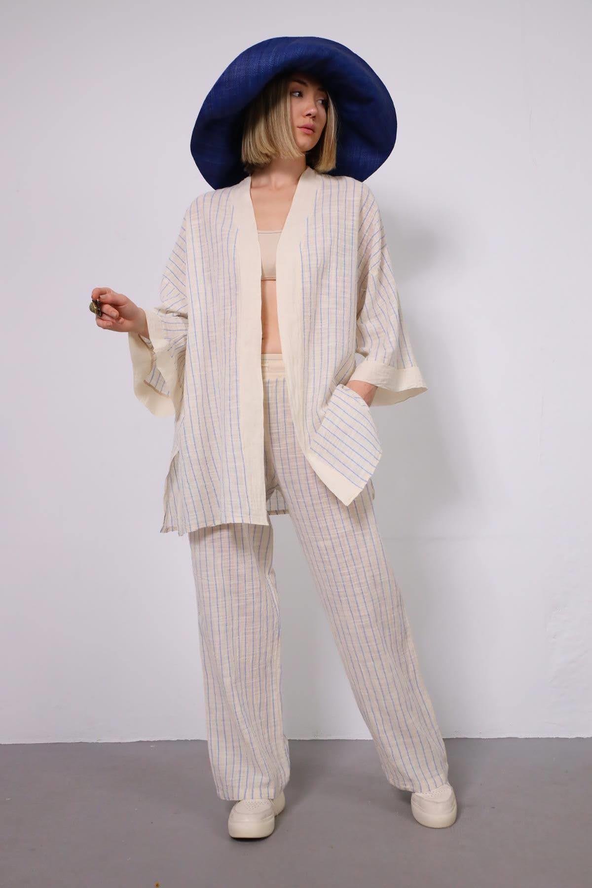 Mavi Çizgili Kimono - Şaman Butik Mavi Çizgili Kimono