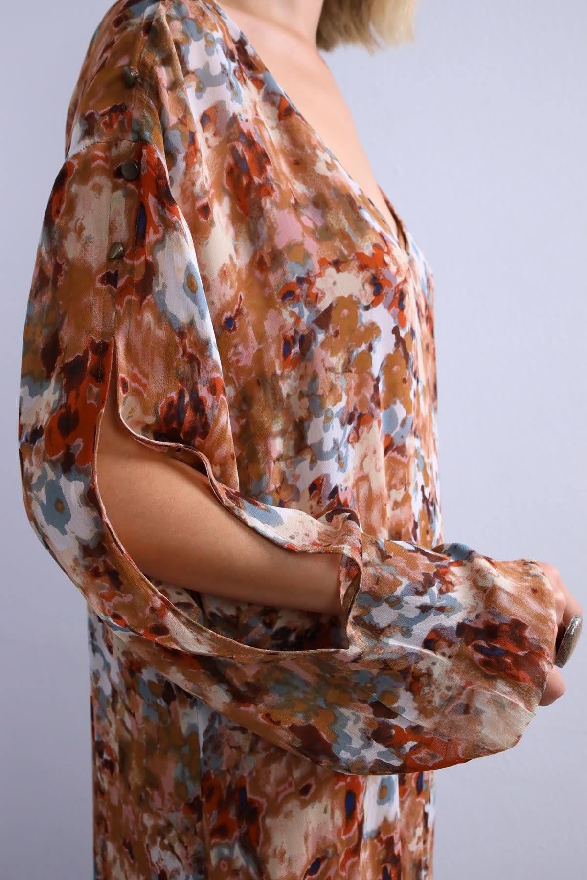Kahverengi Batik Desenli Düğmeli Elbise - Şaman Butik Kahverengi Batik Desenli Düğmeli Elbise