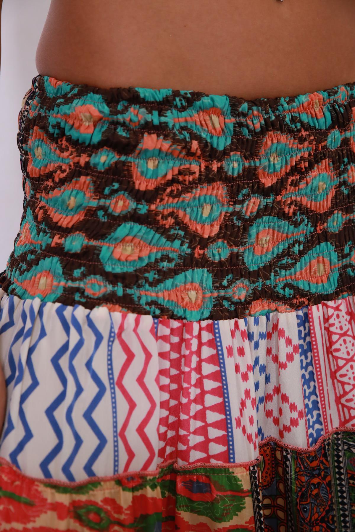 Renkli Beli Lastikli Otantik Desenli Patchwork Etek - Şaman Butik Renkli Beli Lastikli Otantik Desenli Patchwork Etek