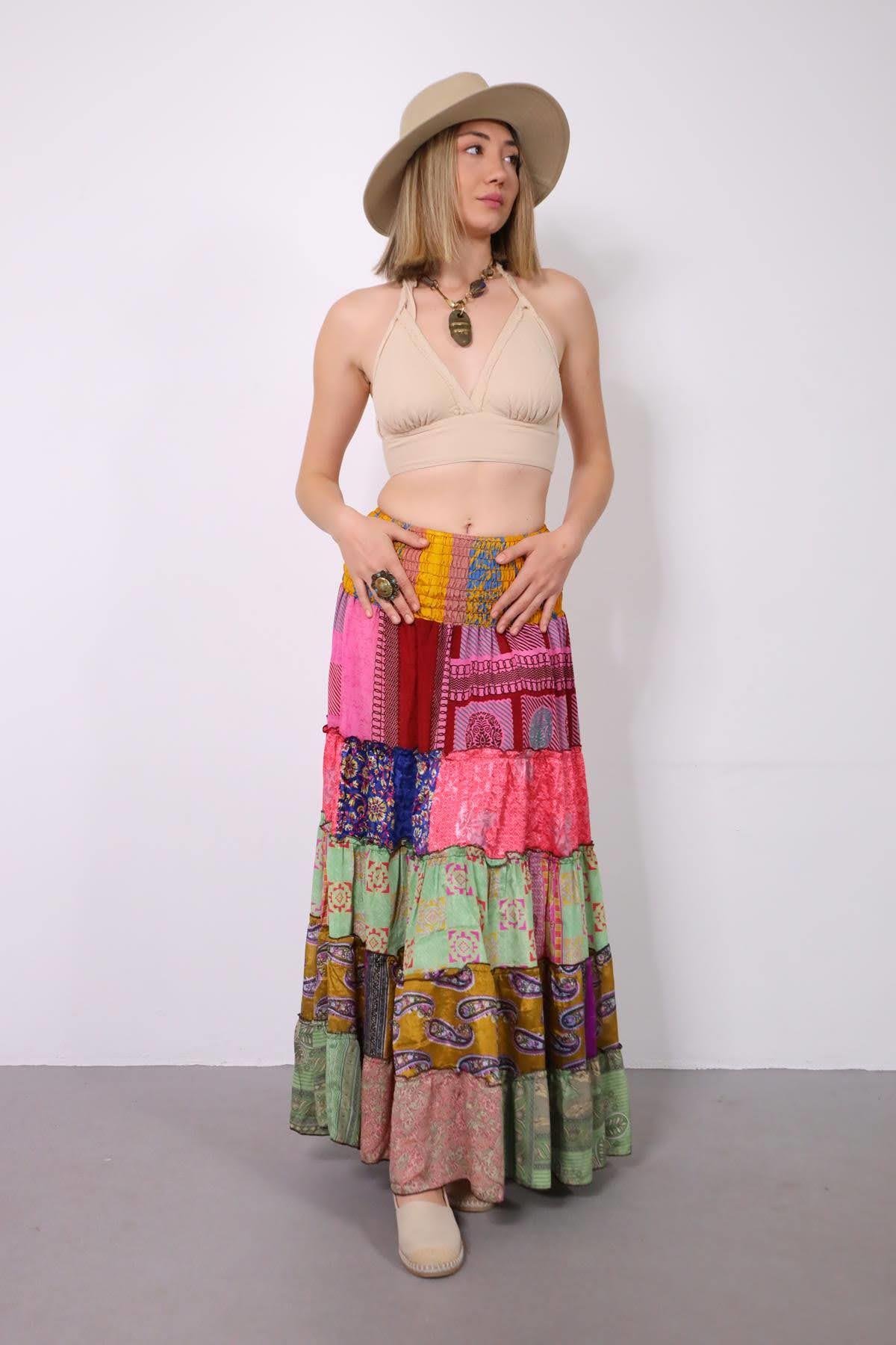 Renkli Beli Lastikli Otantik Desenli Patchwork Etek - Şaman Butik Renkli Beli Lastikli Otantik Desenli Patchwork Etek