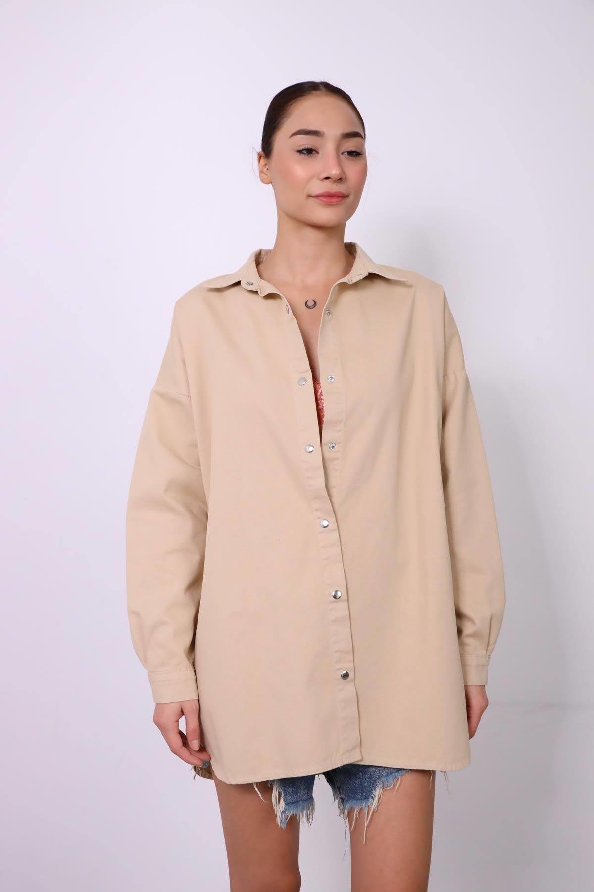 Bej Oversize Eteği Yuvarlak Kesim Ceket - Şaman Butik - Bohem Giyim ve Aksesuar | Kadın & Erkek Bej Oversize Eteği Yuvarlak Kesim Ceket