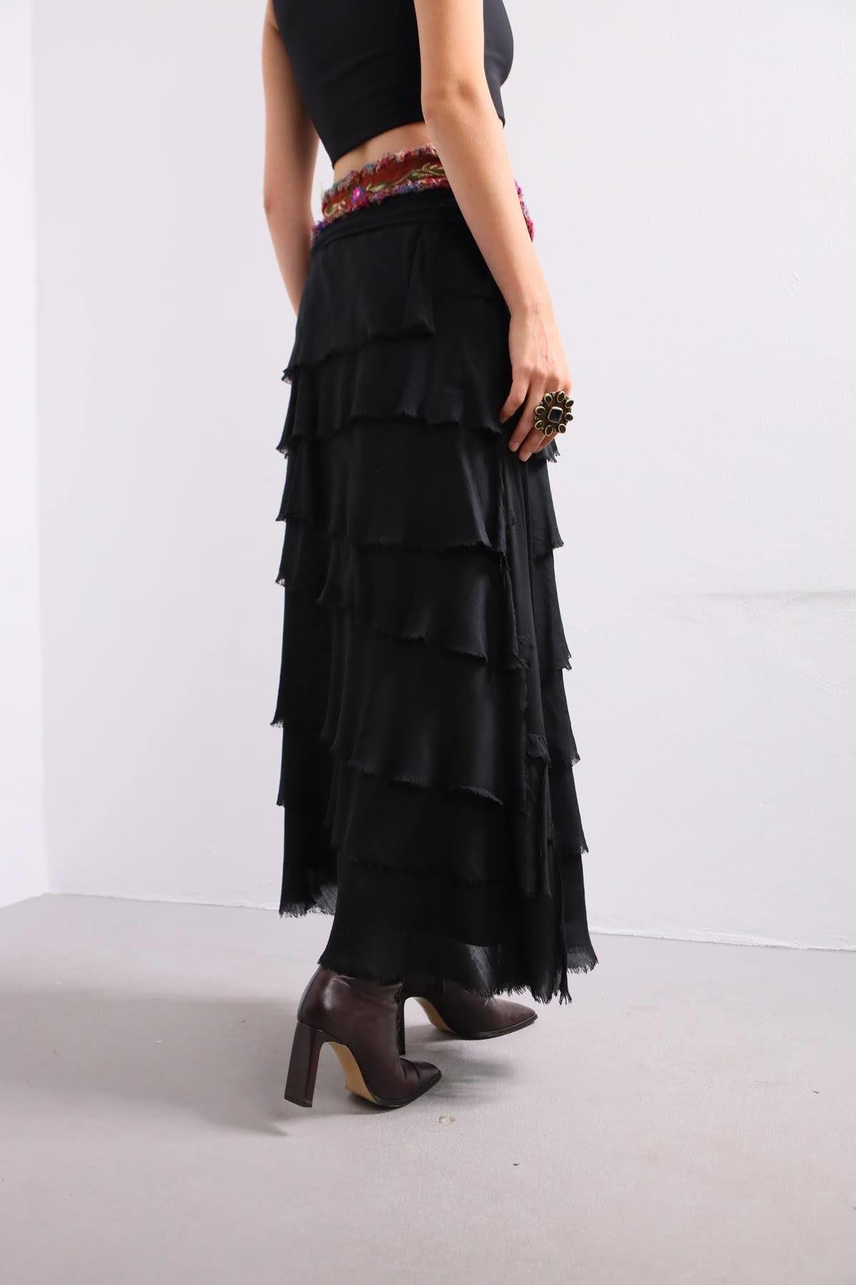 Saman Butik | Shop Online Black Layered Silk Skirt
