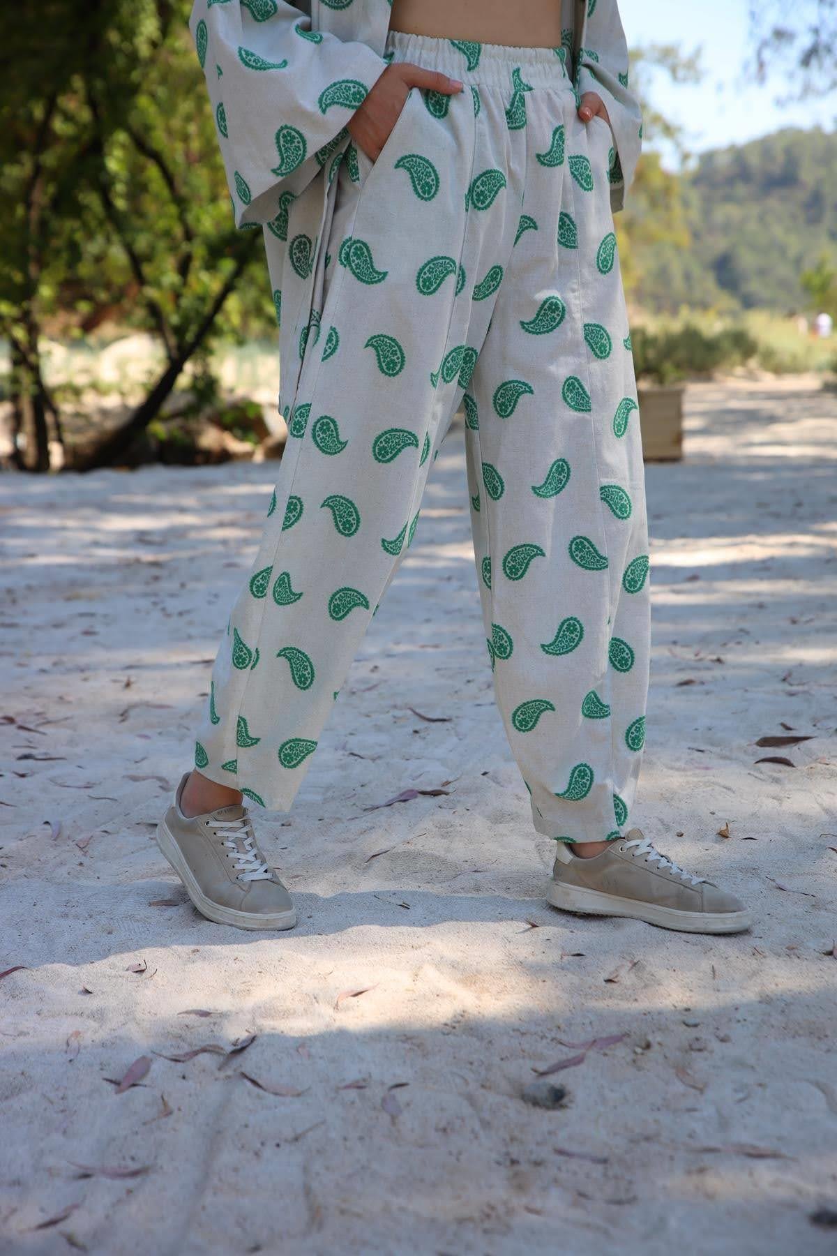  Krem Rengi Şal Desenli Kaftan Pantolon Takım